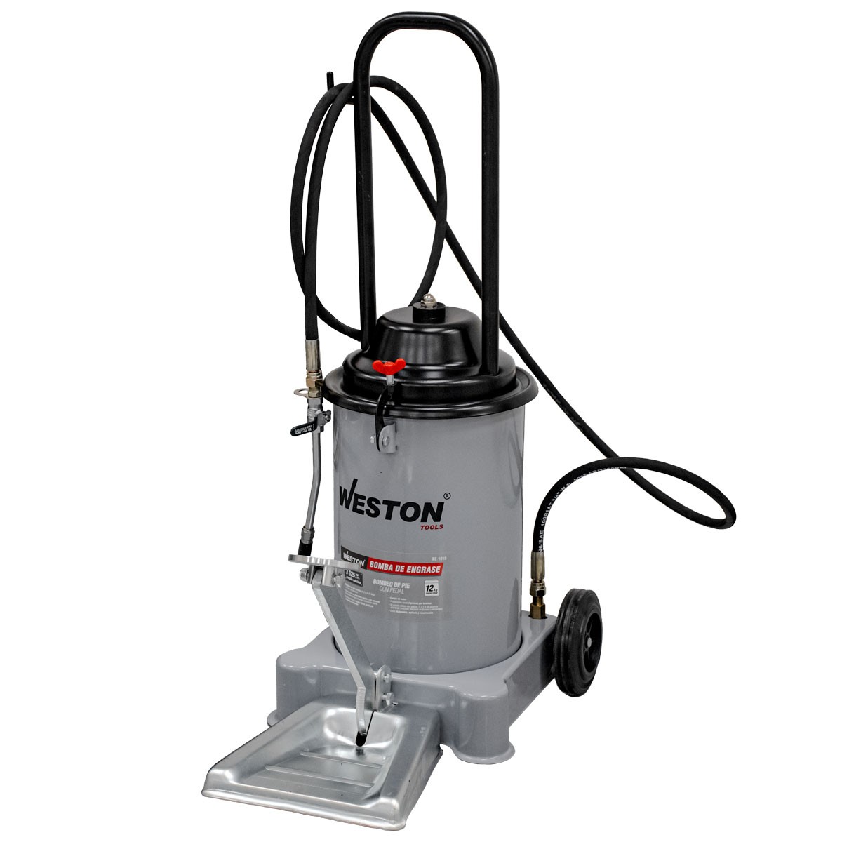 Bomba de Engrase de Pie Weston 12 kg con Manguera 2.5 m y Ruedas 3600 PSI