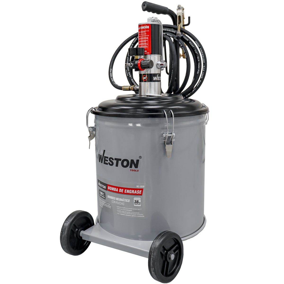 Bomba Neumática de Engrase Weston 38 Kg con Manguera 5 m y Ruedas 5800 PSI