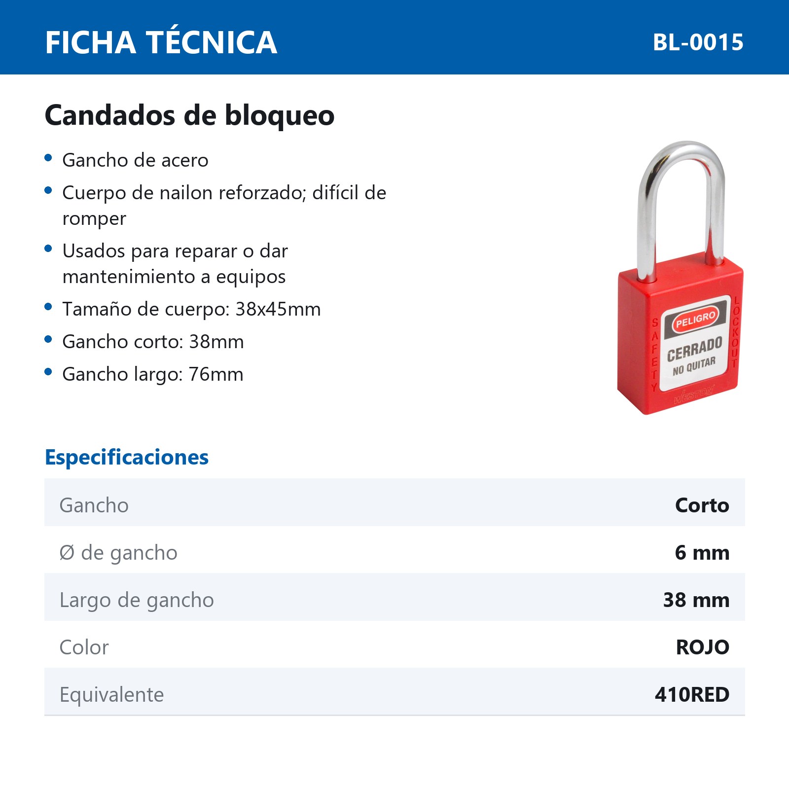 CANDADO DE BLOQUEO ROJO 38MM (CAJA C/10 PZAS - PRECIO X PIEZA) - Imagen 4
