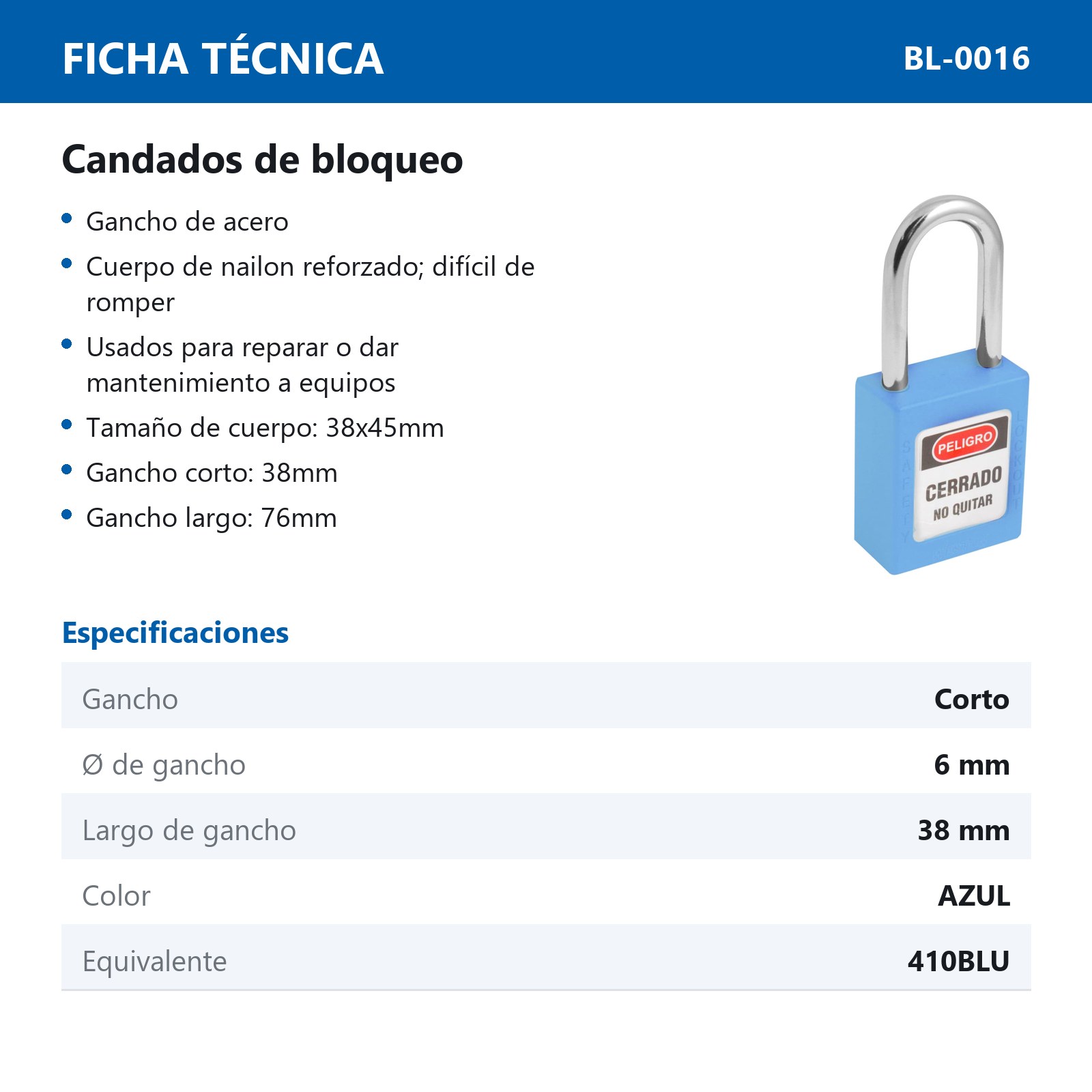 CANDADO DE BLOQUEO AZUL 38MM (CAJA C/10 PZAS - PRECIO X PIEZA) - Imagen 4