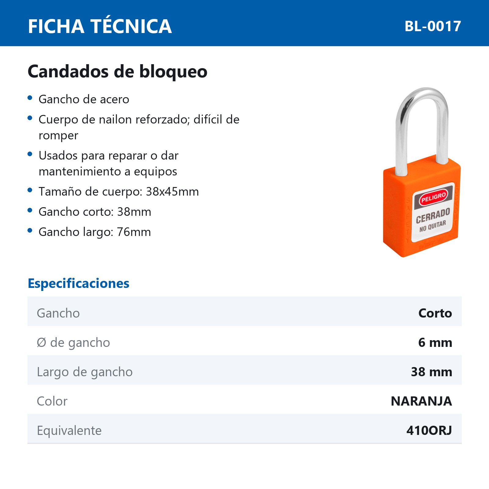 CANDADO DE BLOQUEO NARANJA 38MM (CAJA C/10 PZAS - PRECIO X PIEZA) - Imagen 4
