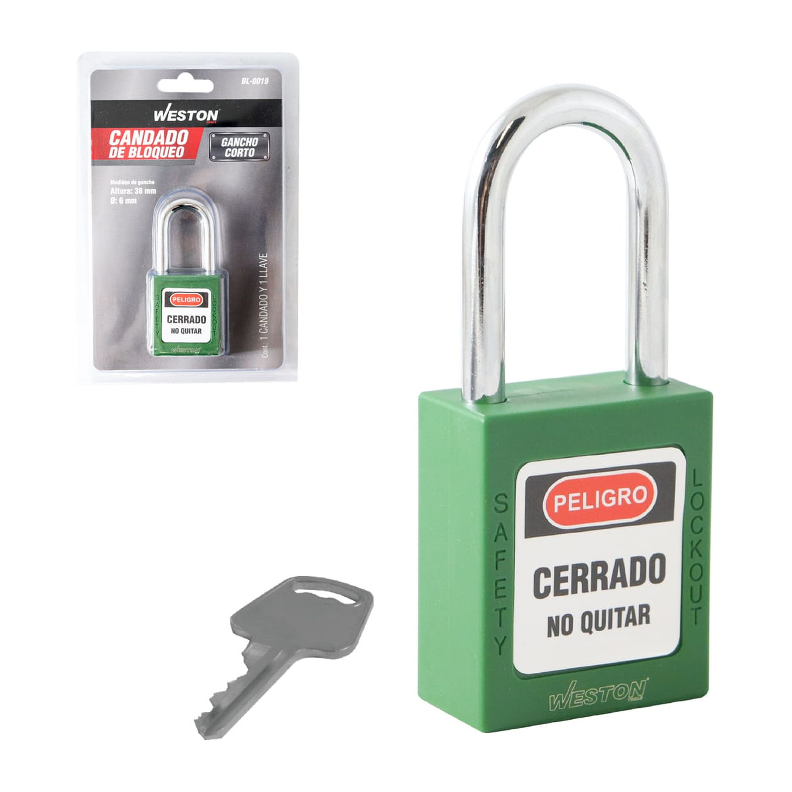 Candado de Bloqueo Verde 38 mm Weston - Nailon Reforzado con Gancho de Acero Inoxidable