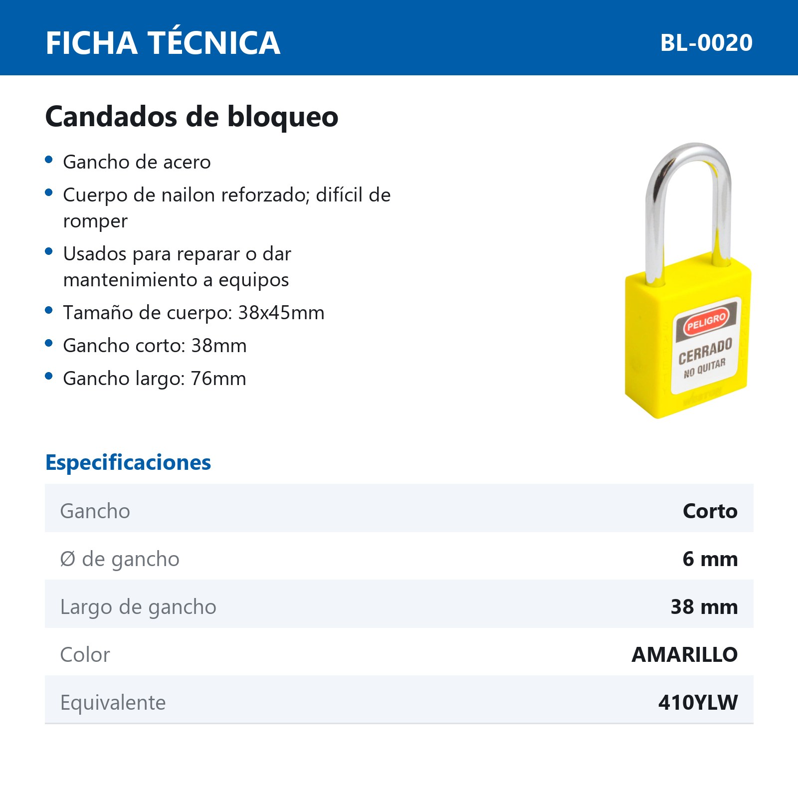 CANDADO DE BLOQUEO AMARILLO 38MM (CAJA C/10 PZAS - PRECIO X PIEZA) - Imagen 4
