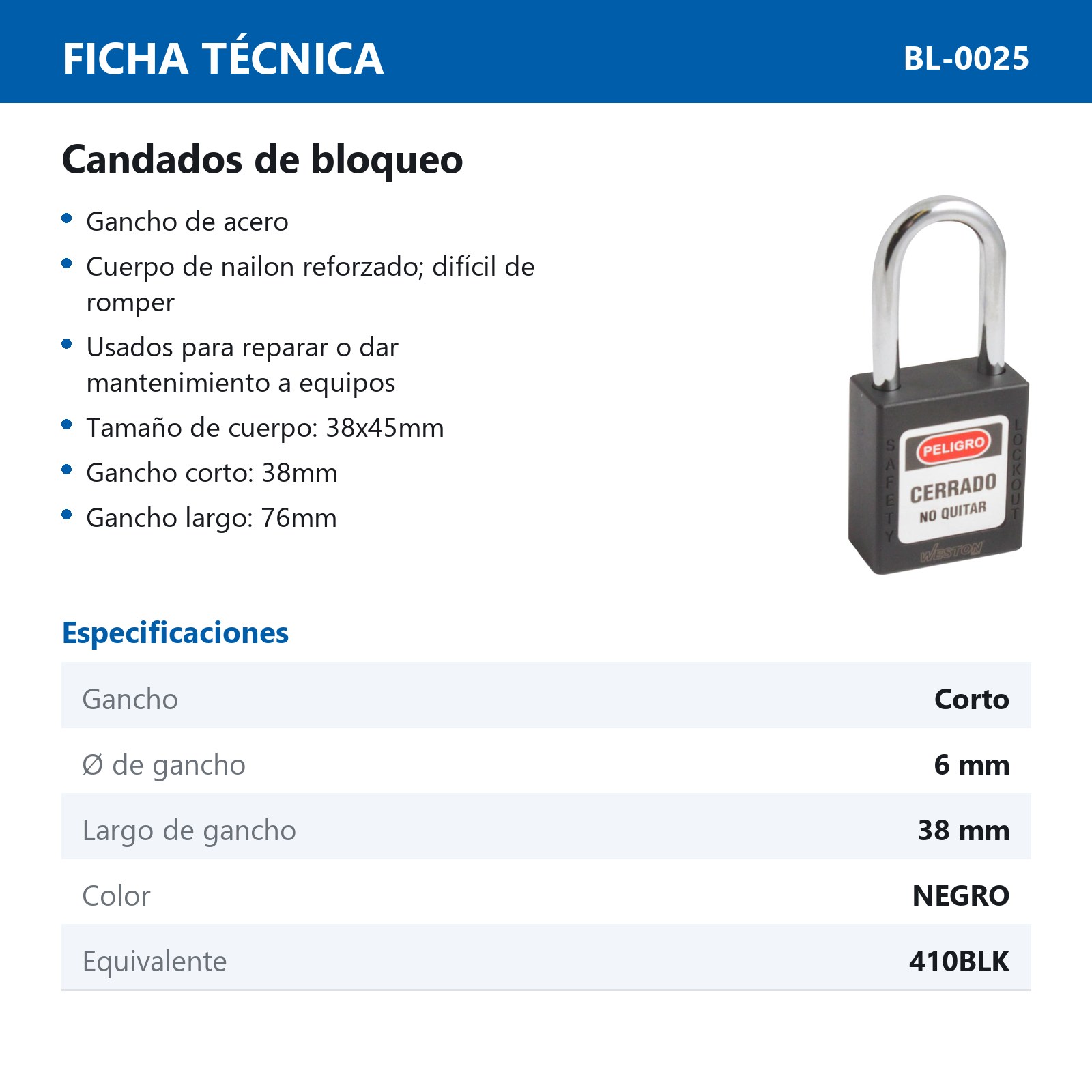 CANDADO DE BLOQUEO NEGRO 38MM (CAJA C/10 PZAS - PRECIO X PIEZA) - Imagen 4