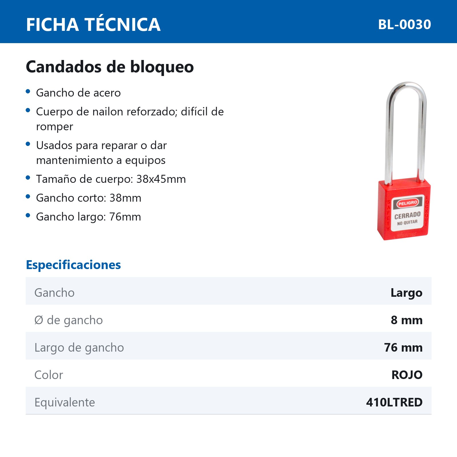 CANDADO DE BLOQUEO ROJO 76MM (CAJA C/10 PZAS - PRECIO X PIEZA) - Imagen 4
