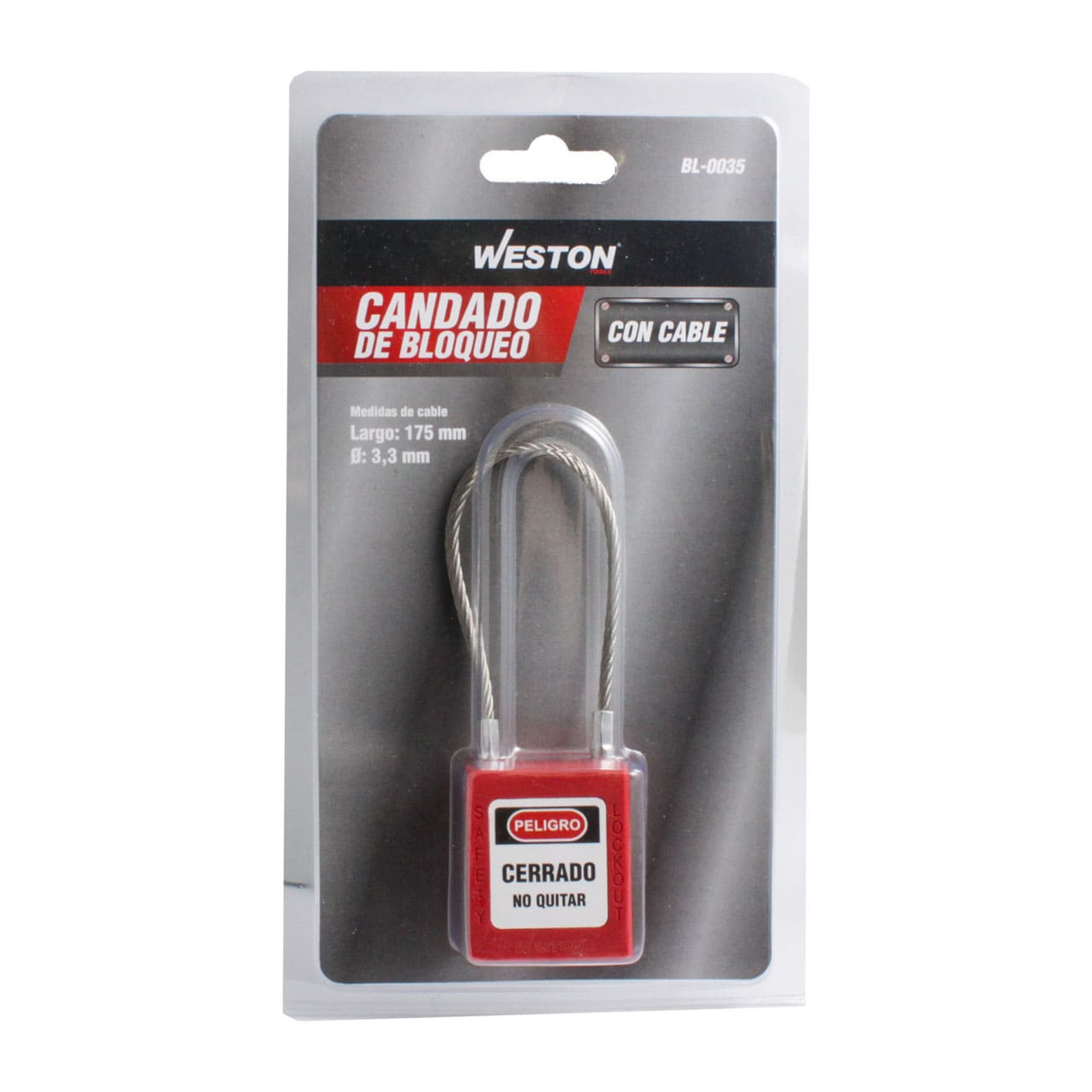 CANDADO DE BLOQUEO ROJO CON CABLE 175MM (CAJA C/10 PZAS - PRECIO X PIEZA) - Imagen 2