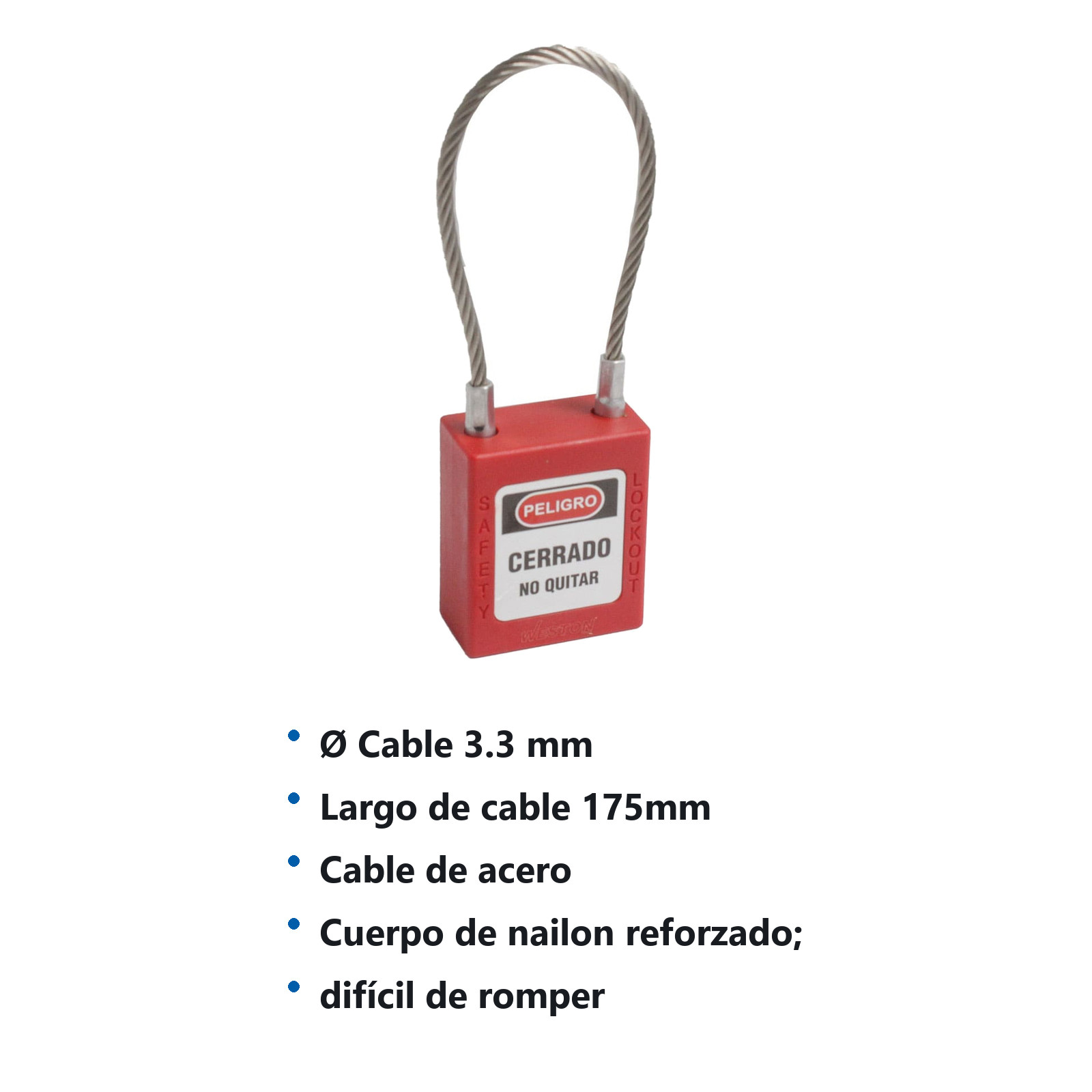 CANDADO DE BLOQUEO ROJO CON CABLE 175MM (CAJA C/10 PZAS - PRECIO X PIEZA) - Imagen 4