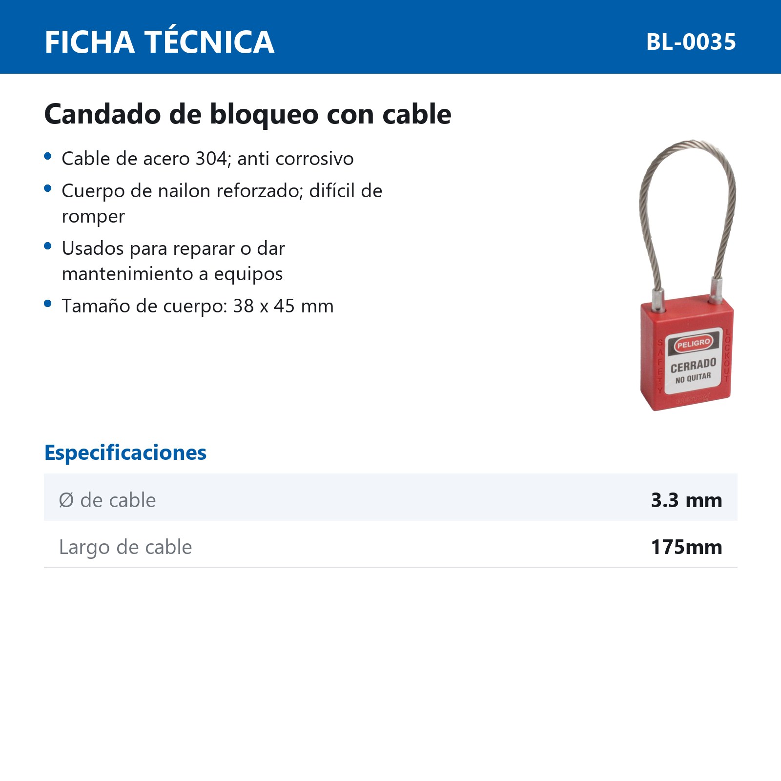 CANDADO DE BLOQUEO ROJO CON CABLE 175MM (CAJA C/10 PZAS - PRECIO X PIEZA) - Imagen 4