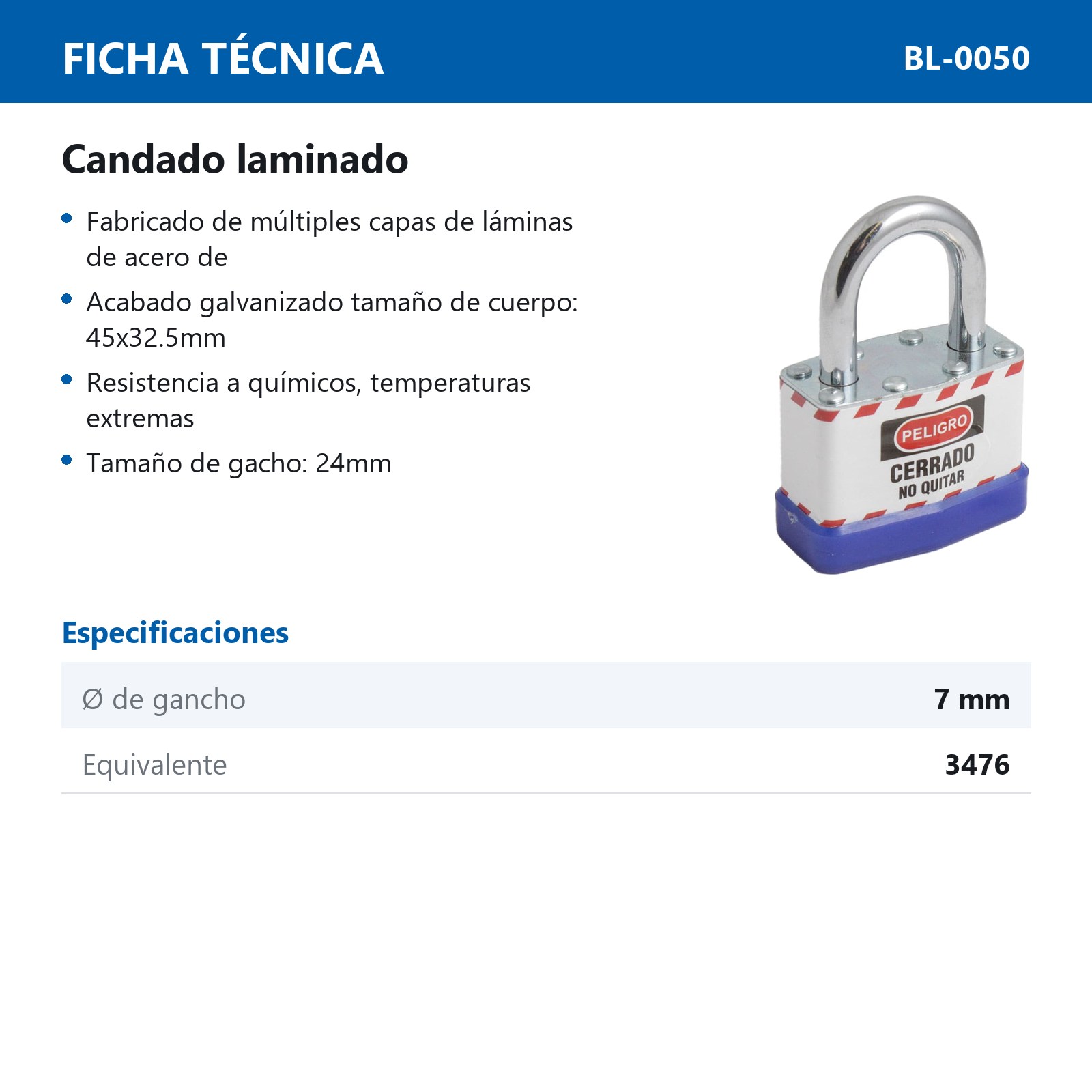 CANDADO DE ACERO CUERPO LAMINADO D/SEGURIDAD 24MM - Imagen 3