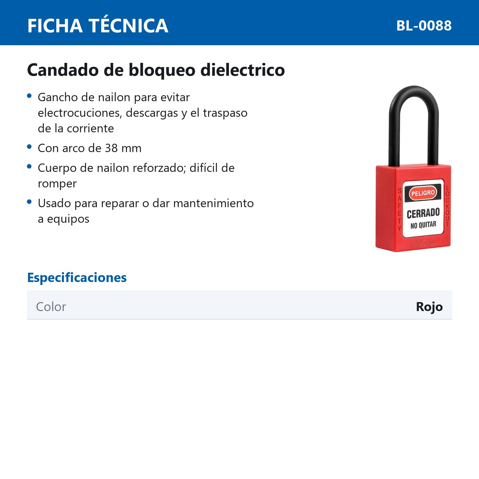 CANDADO DE BLOQUEO DIELECTRICO ROJO 38MM (CAJA C/10 PZAS - PRECIO X PIEZA) - Imagen 4