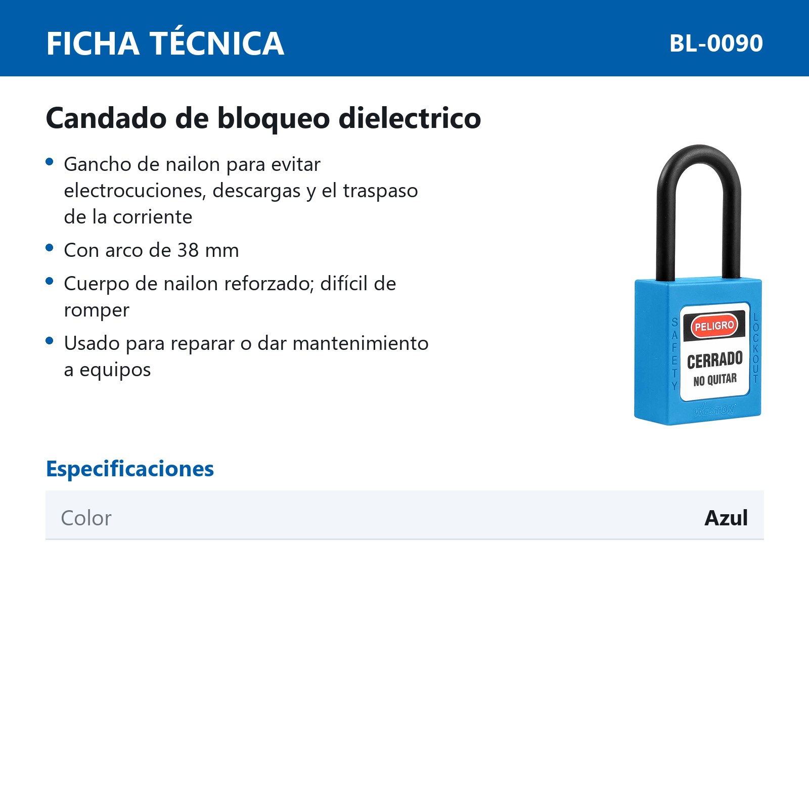 CANDADO DE BLOQUEO DIELECTRICO AZUL 38MM (CAJA C/10 PZAS - PRECIO X PIEZA) - Imagen 4