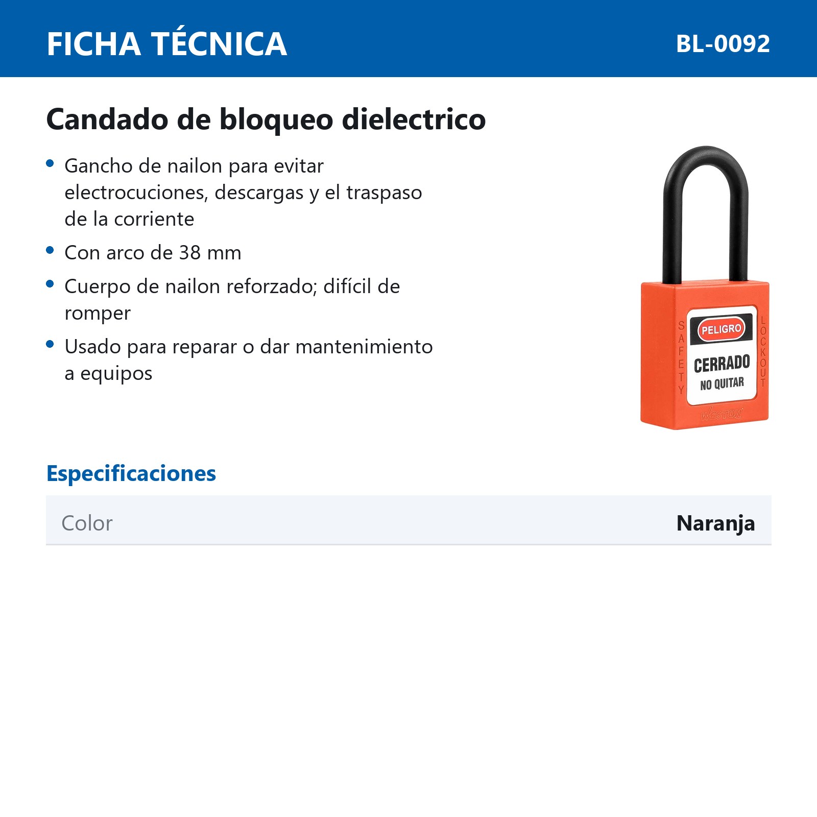 CANDADO DE BLOQUEO DIELECTRICO NARANJA 38MM (CAJA C/10 PZAS - PRECIO X PIEZA) - Imagen 4