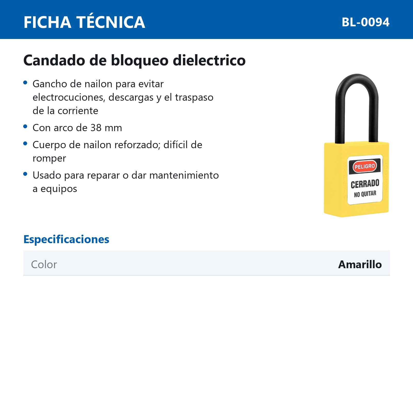 CANDADO DE BLOQUEO DIELECTRICO AMARILLO 38MM (CAJA C/10 PZAS - PRECIO X PIEZA) - Imagen 4