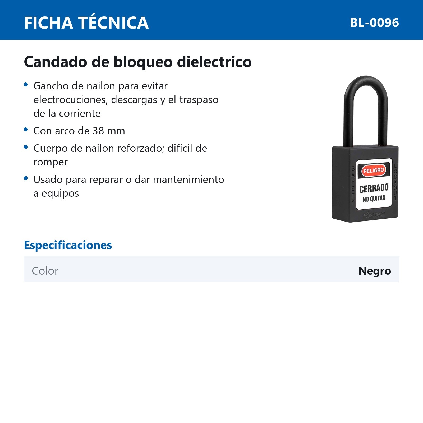 CANDADO DE BLOQUEO DIELECTRICO NEGRO 38MM (CAJA C/10 PZAS - PRECIO X PIEZA) - Imagen 4