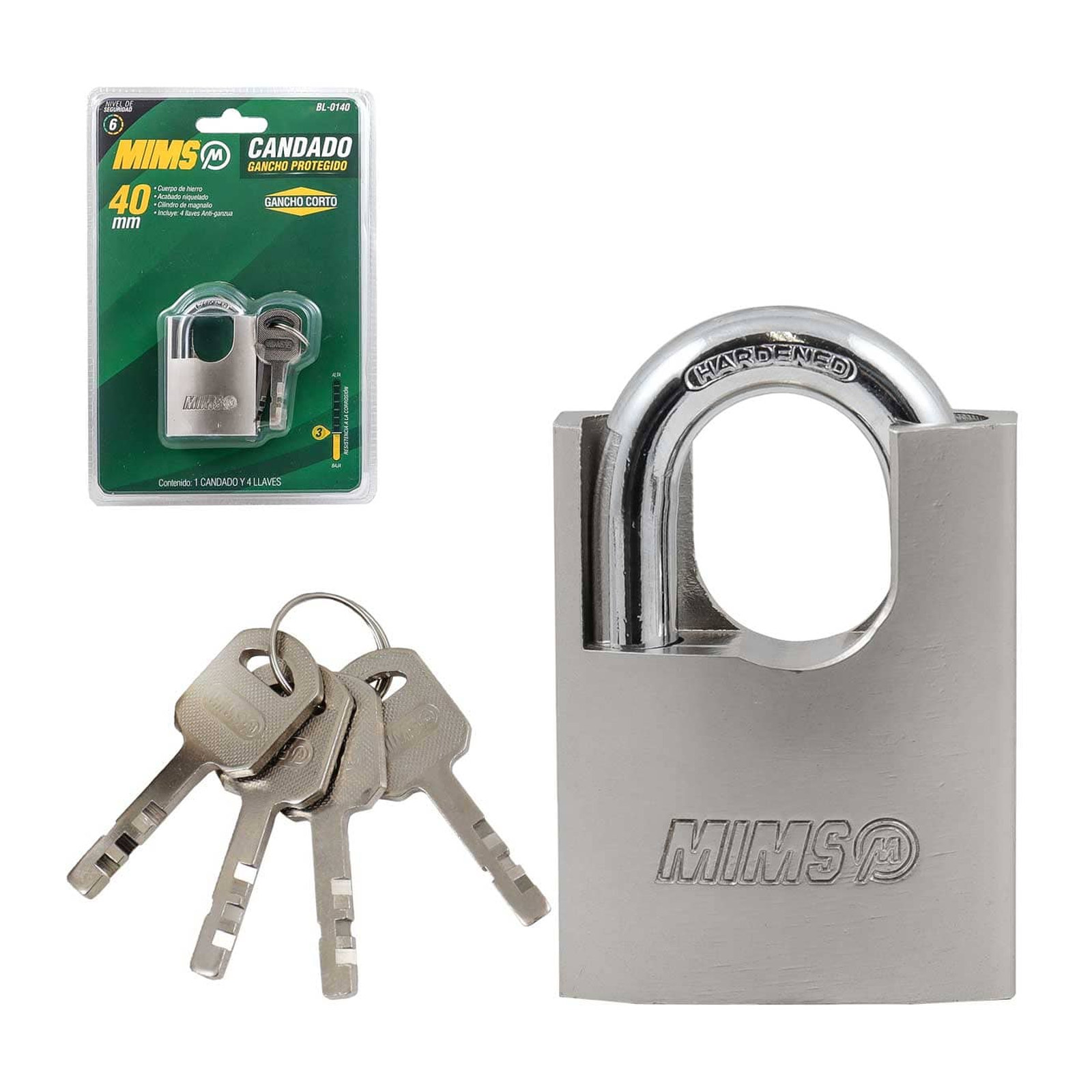 Candado de Gancho Protegido de Hierro 40mm Anti-Ganzúa con 4 Llaves MIMS