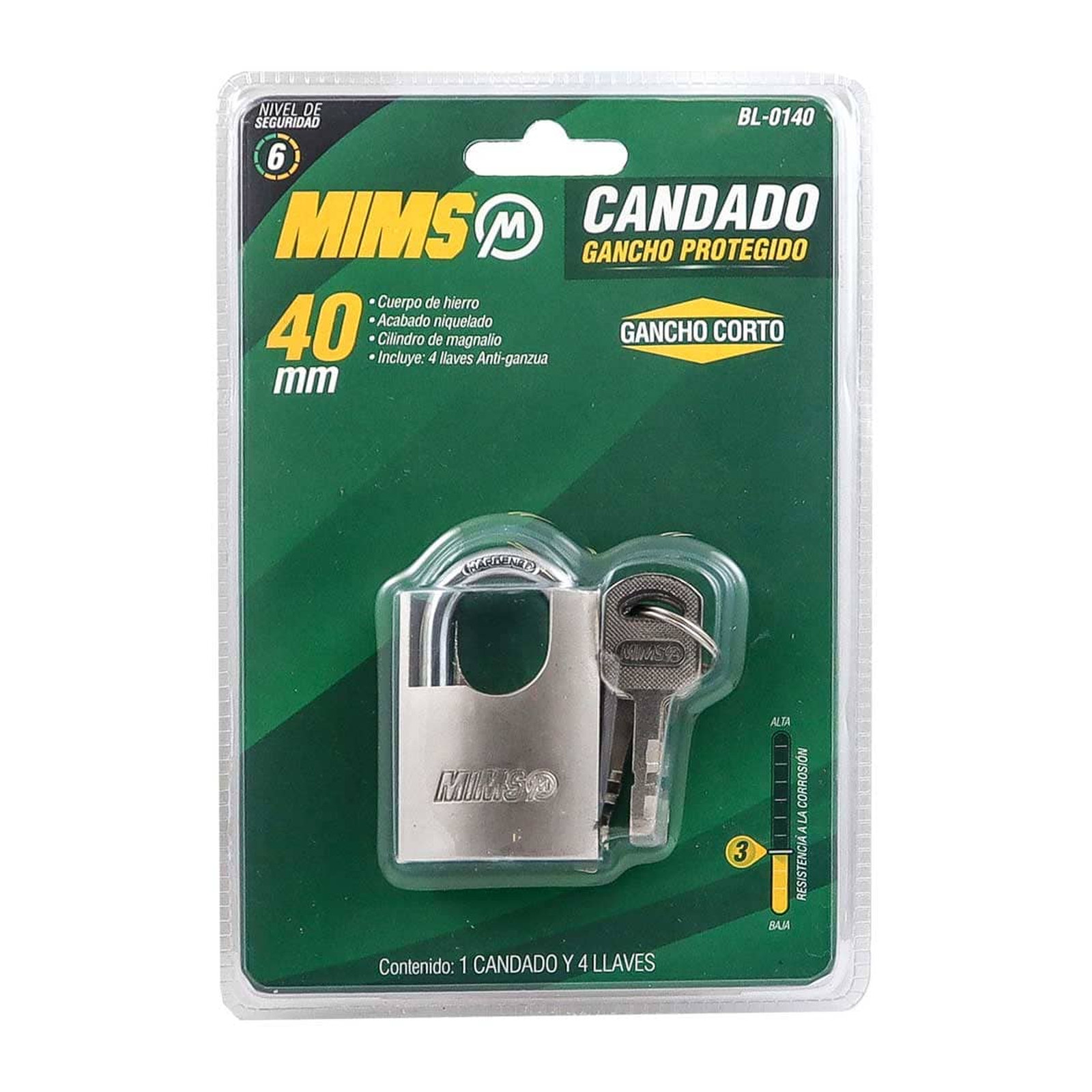 CANDADO GANCHO PROTEGIDO DE HIERRO 40MM C/4 LLAVES ANTI-GANZUA (CAJA C/6 PZAS - PRECIO X PIEZA) - Imagen 4