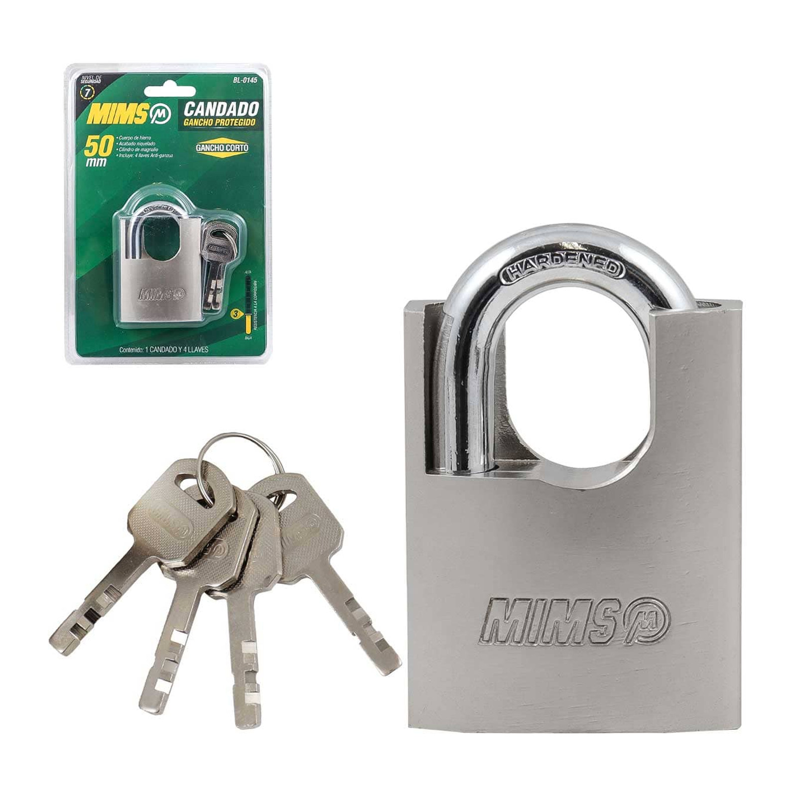 Candado Gancho Corto Protegido de Hierro 50mm Anti-Ganzúa con 4 Llaves MIMS