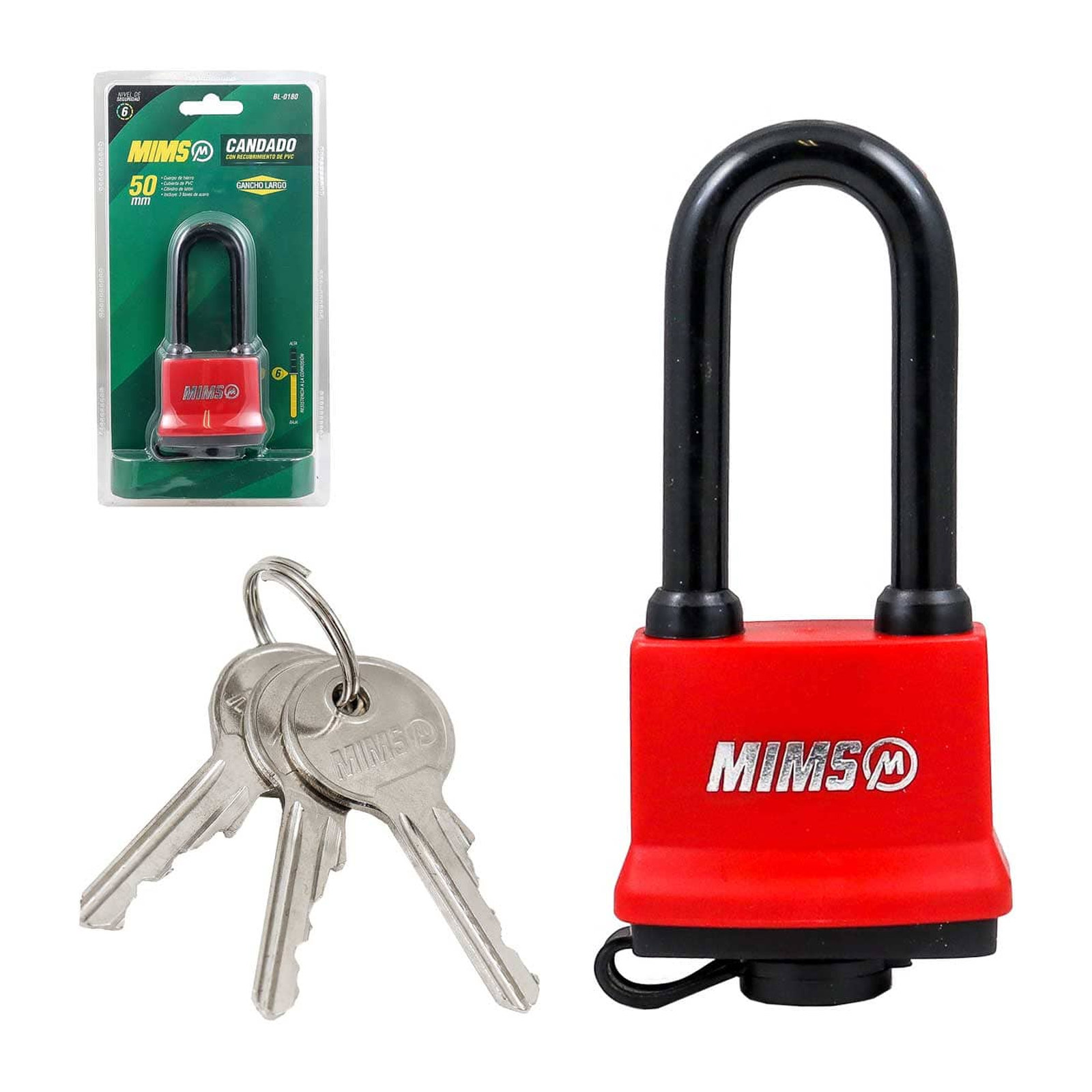 Candado con Recubrimiento PVC de Hierro 50 mm Arco Largo con 3 Llaves MIMS