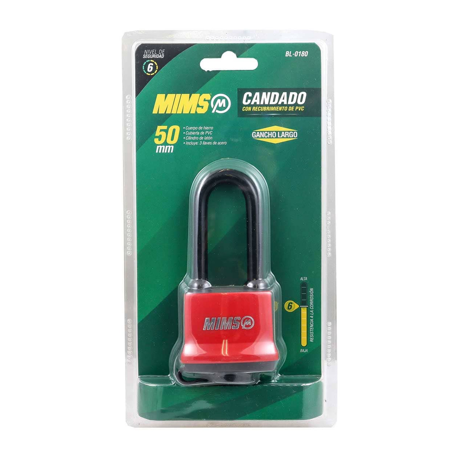 CANDADO RECUB. PVC DE HIERRO 50MM G. LARGO C/3 LLAVES (CAJA C/6 PZAS - PRECIO X PIEZA) - Imagen 3