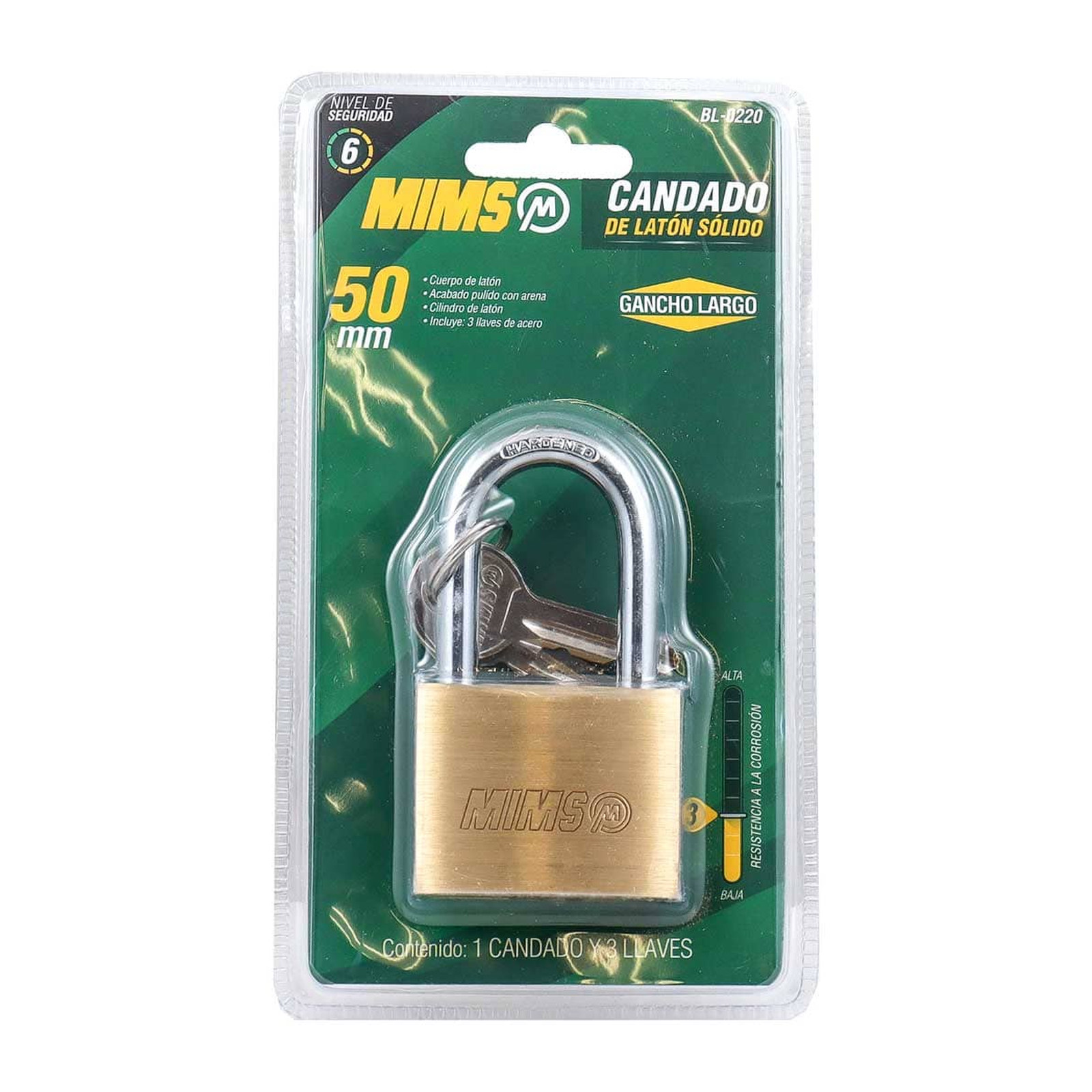 CANDADO DE LATON SOLIDO 50MM G. LARGO C/3 LLAVES (CAJA C/6 PZAS - PRECIO X PIEZA) - Imagen 3