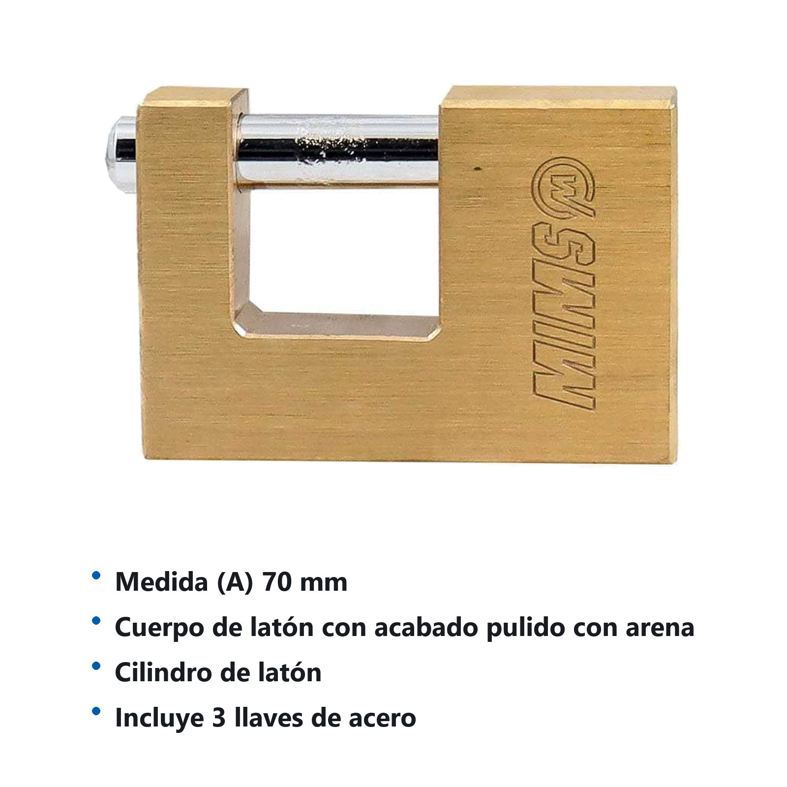 CANDADO ANTIPALANCA DE LATON SOLIDO 70MM C/3LLAVES (CAJA C/6 PZAS - PRECIO X PIEZA) - Imagen 4