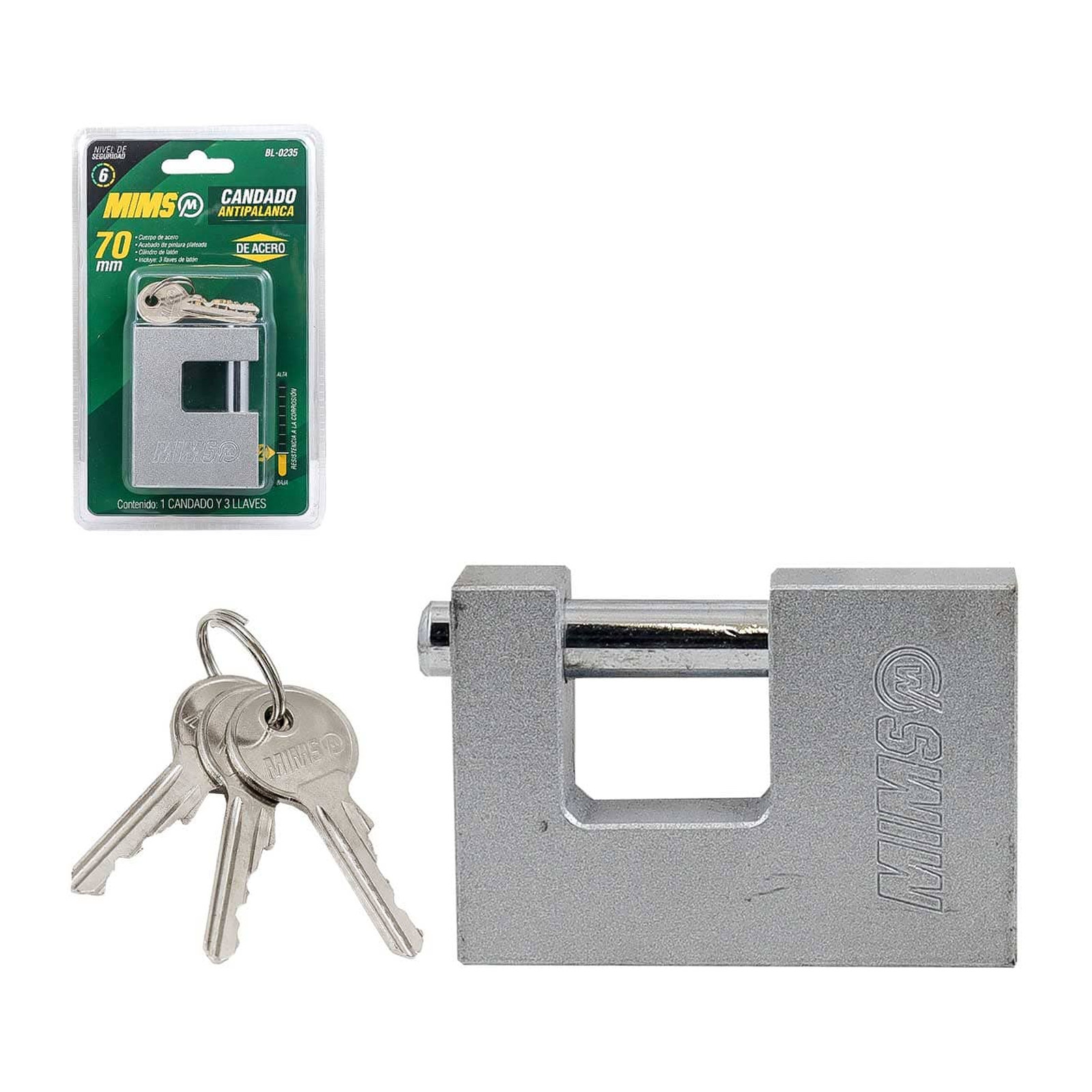 Candado Antipalanca de Acero 70 mm con 3 Llaves MIMS