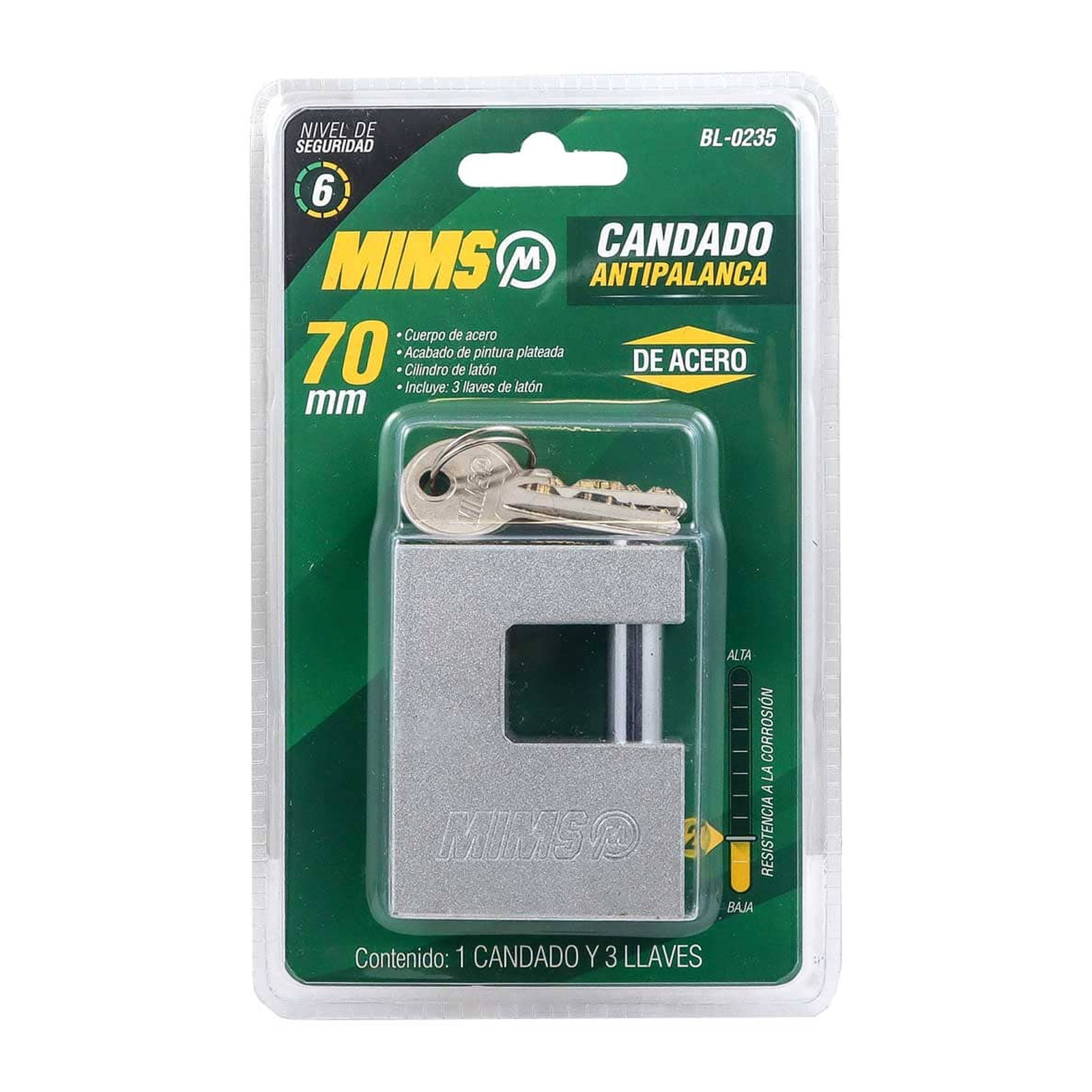 CANDADO ANTIPALANCA DE ACERO 70MM C/3 LLAVES (CAJA C/6 PZAS - PRECIO X PIEZA) - Imagen 3