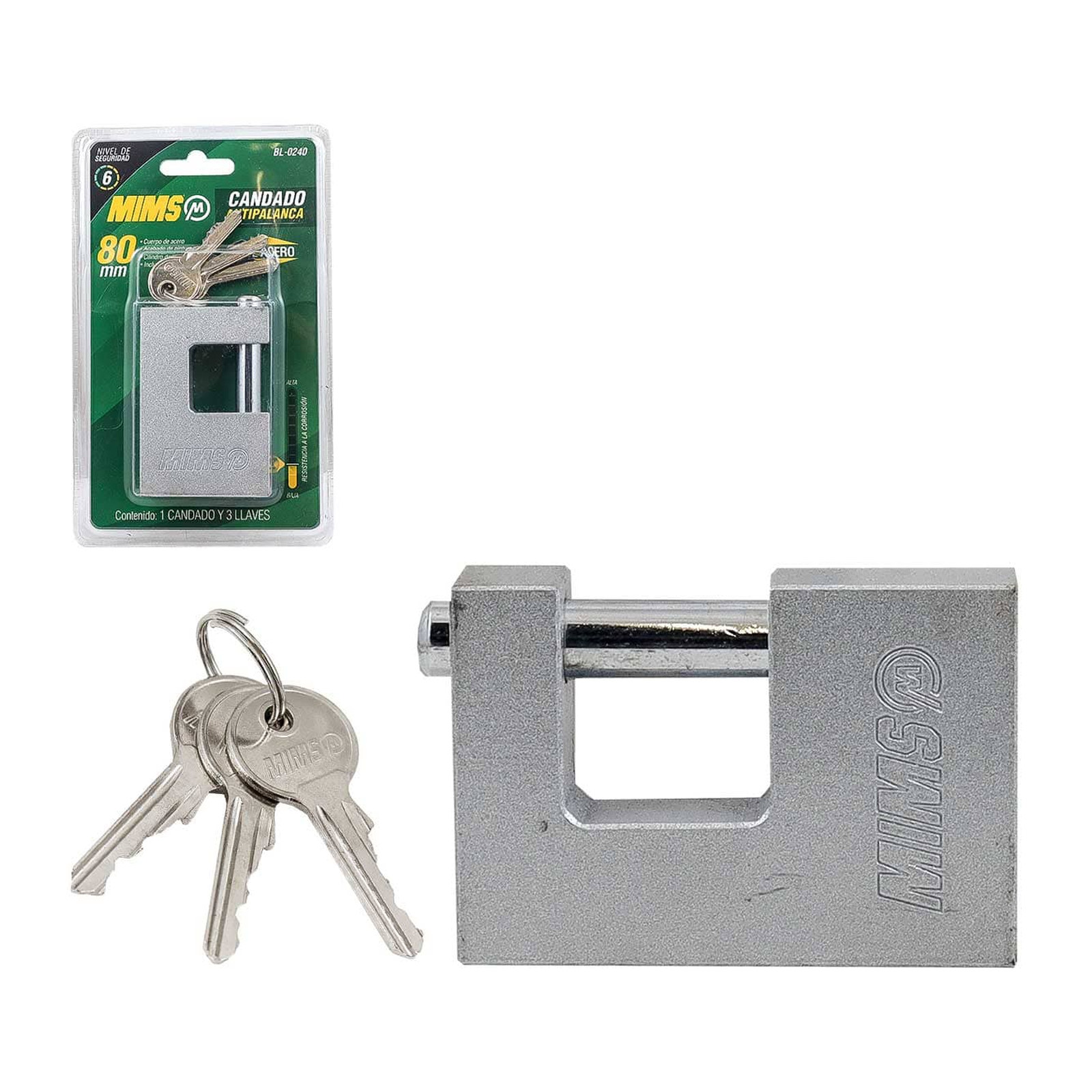 Candado Antipalanca de Acero 80 mm con 3 Llaves MIMS