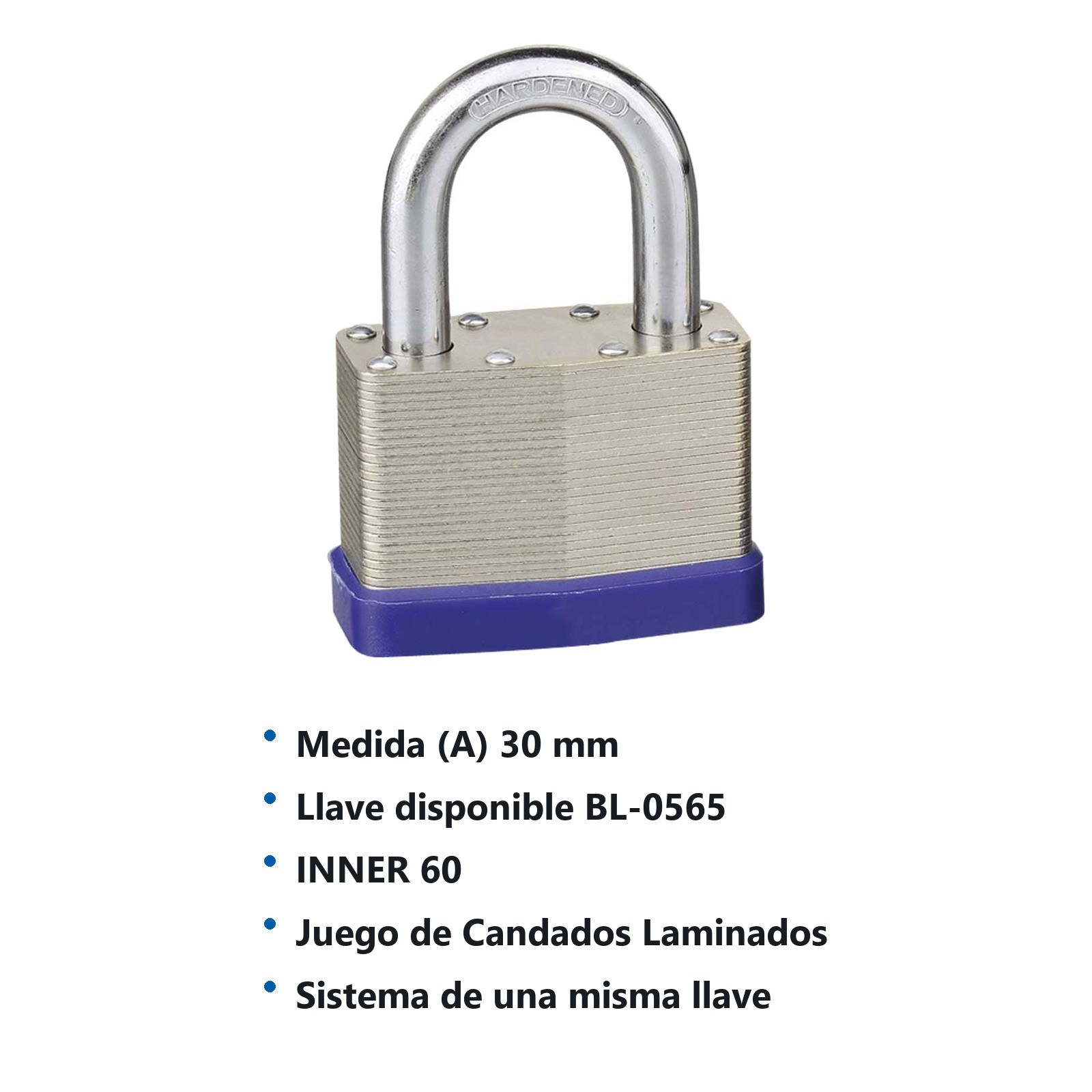 CANDADO DE ACERO CUERPO LAMINADO 30MM C/2 LLAVES (CAJA C/12 PZAS - PRECIO X PIEZA) - Imagen 4