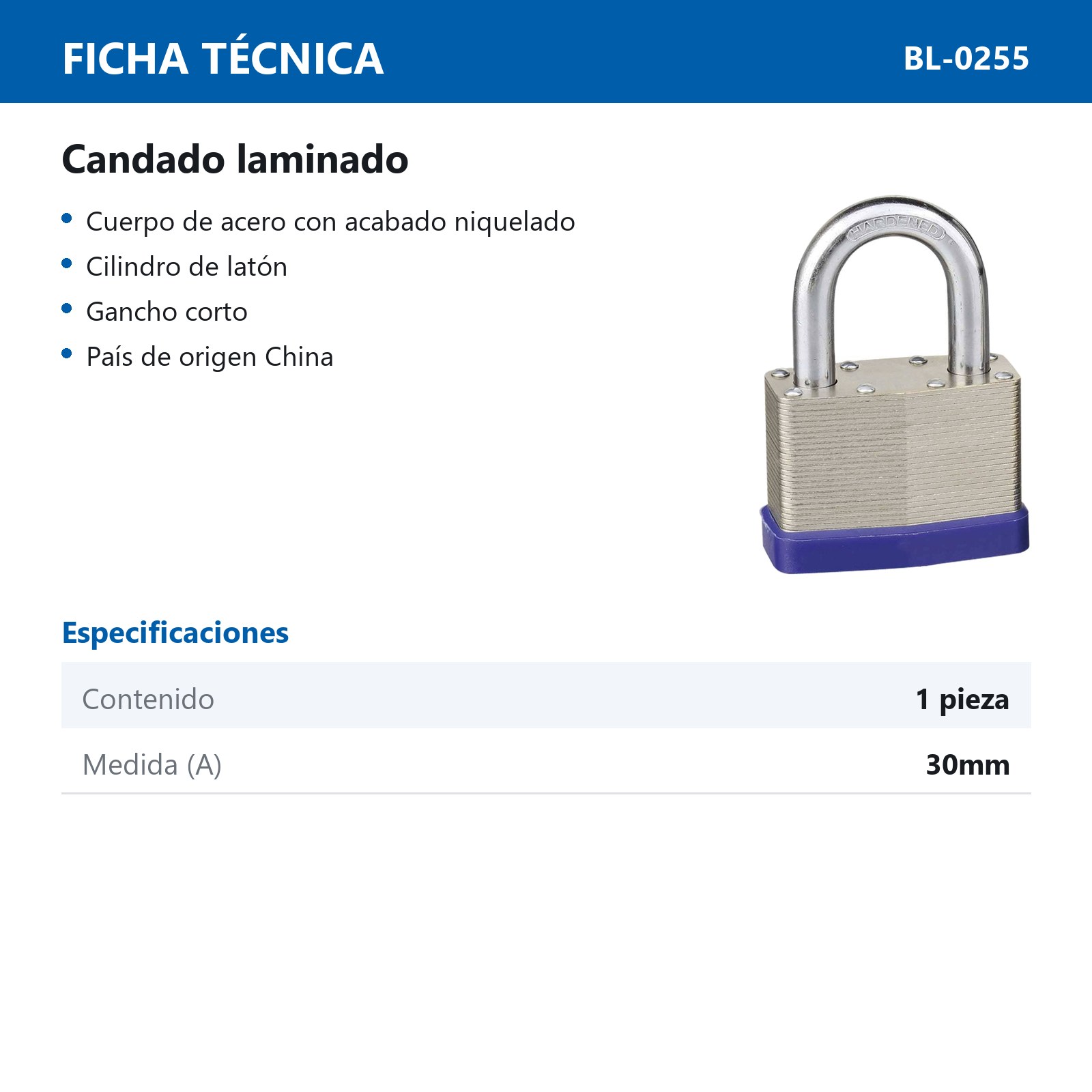 CANDADO DE ACERO CUERPO LAMINADO 30MM C/2 LLAVES (CAJA C/12 PZAS - PRECIO X PIEZA) - Imagen 4