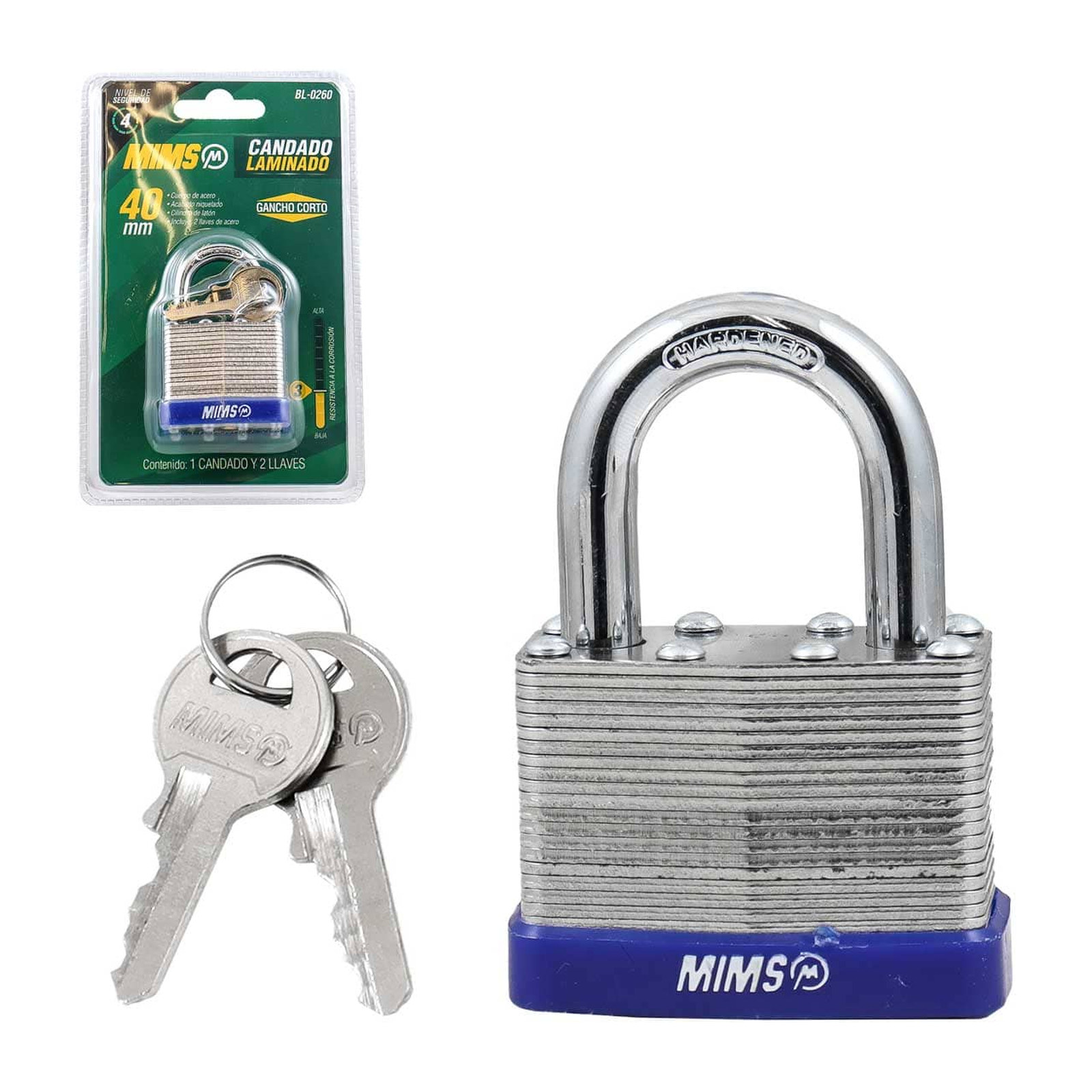 Candado de Acero Cuerpo Laminado 40 mm con 2 Llaves MIMS