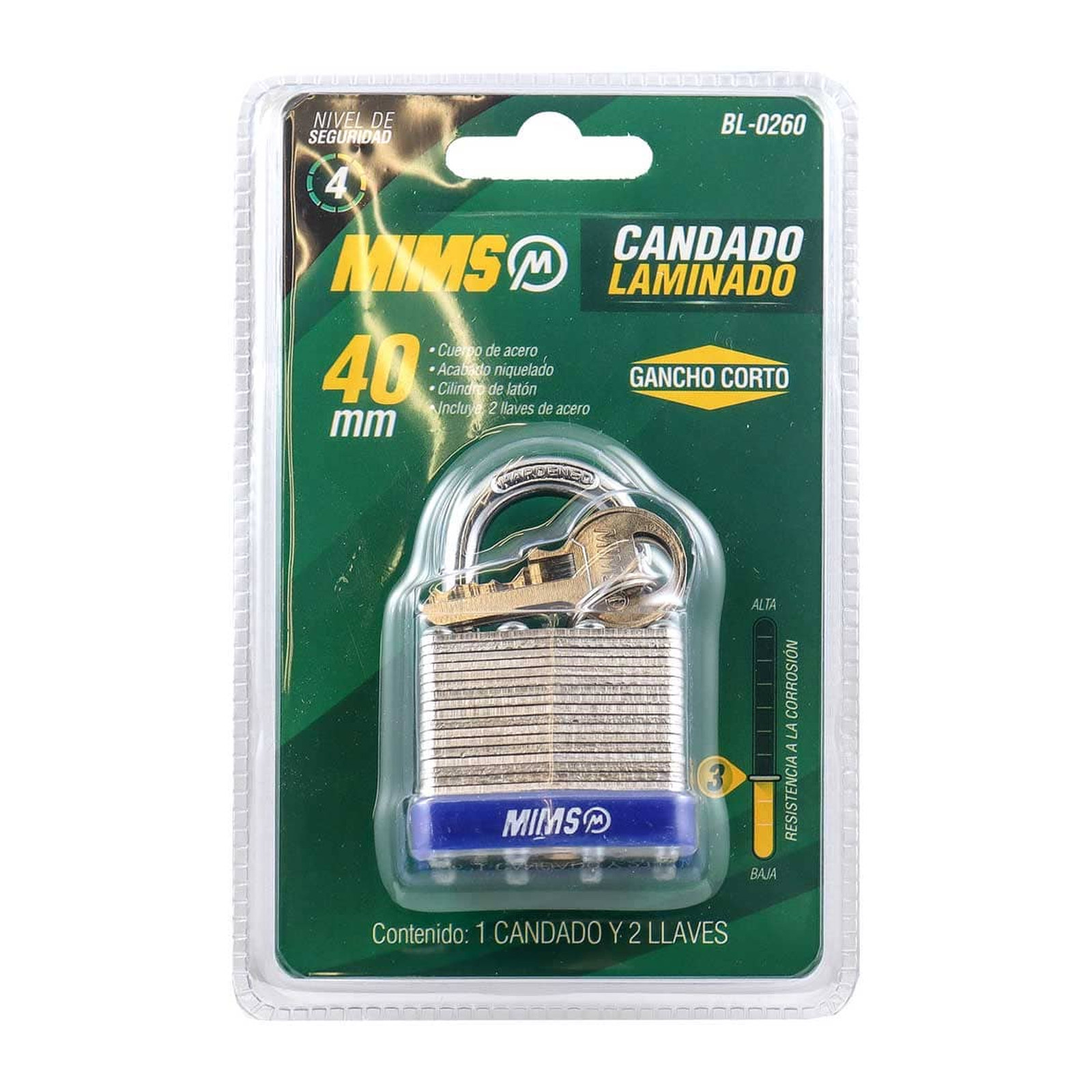 CANDADO DE ACERO CUERPO LAMINADO 40MM C/2 LLAVES (CAJA C/6 PZAS - PRECIO X PIEZA) - Imagen 3