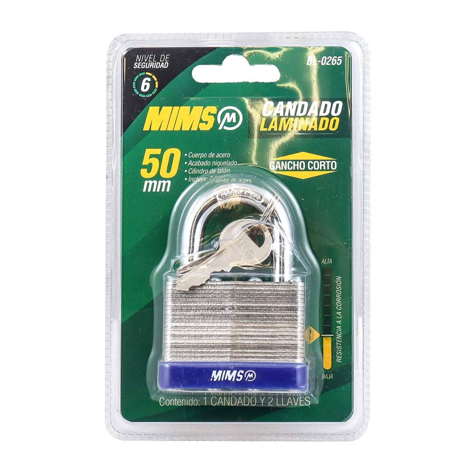 CANDADO DE ACERO CUERPO LAMINADO 50MM C/2 LLAVES (CAJA C/6 PZAS - PRECIO X PIEZA) - Imagen 3