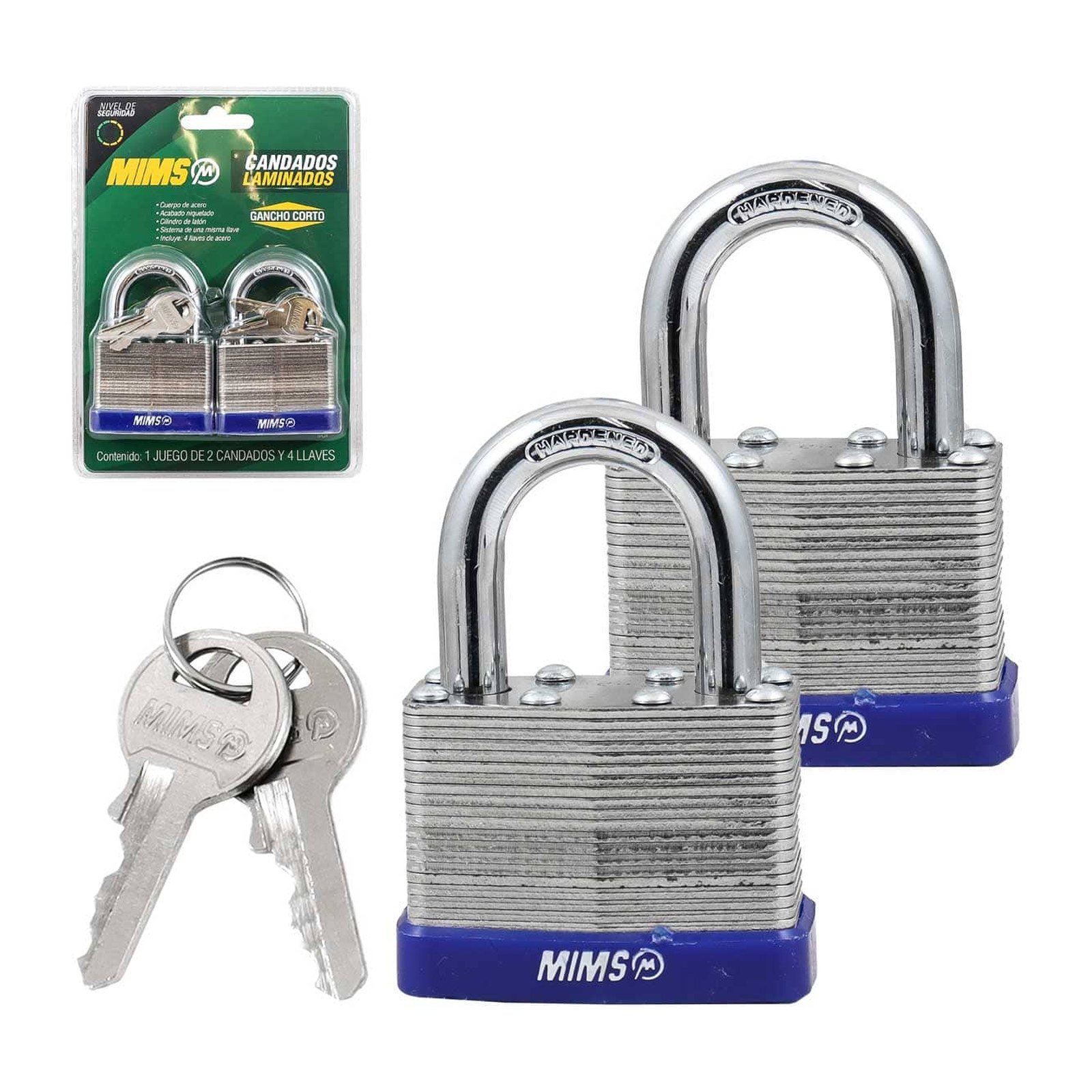 Juego de 2 Candados de Acero Cuerpo Laminado 30 mm con 4 Llaves MIMS