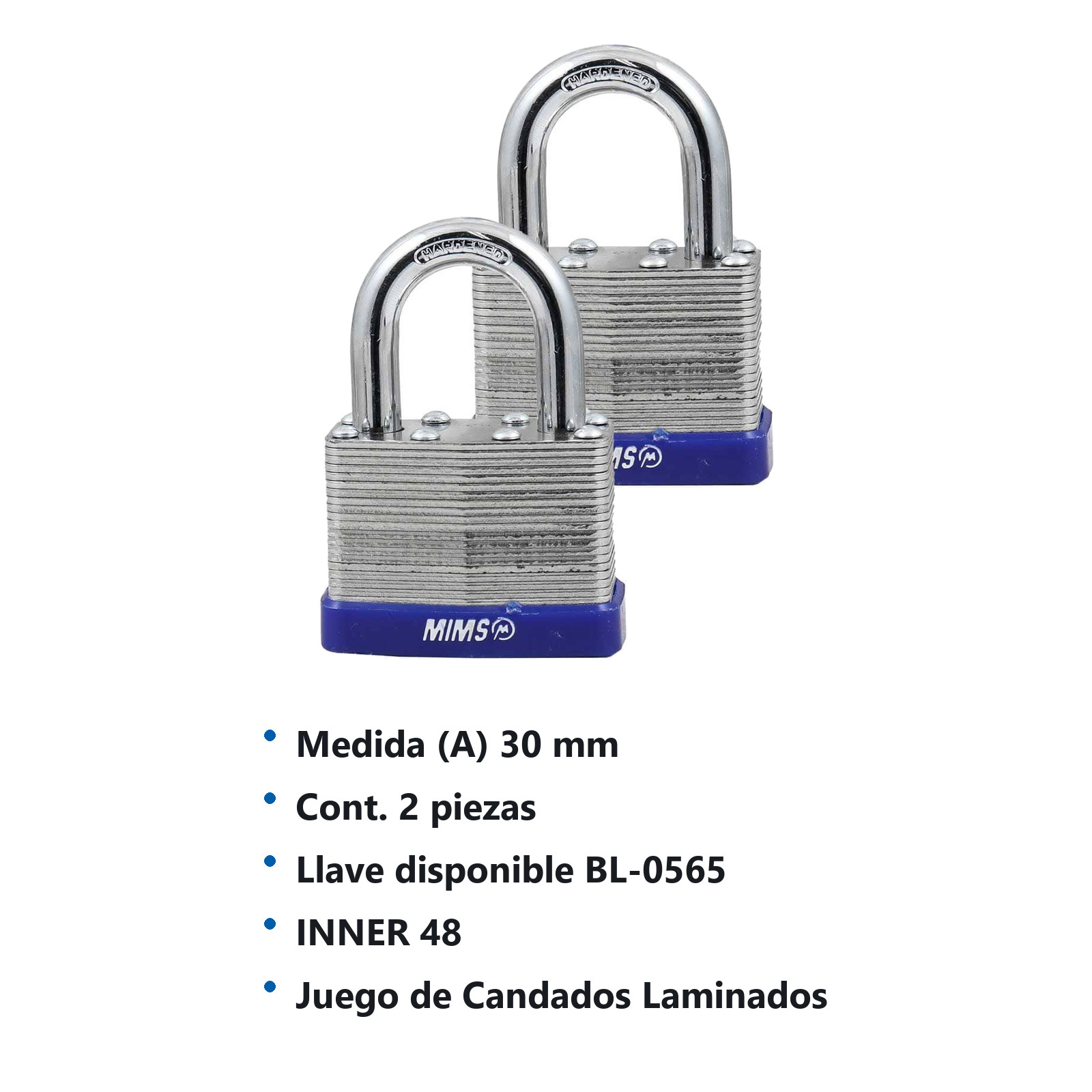 JGO. DE 2 CANDADOS DE ACERO CUERPO LAMINADO 30MM C/4 LLAVES (CAJA C/6 PZAS - PRECIO X PIEZA) - Imagen 4
