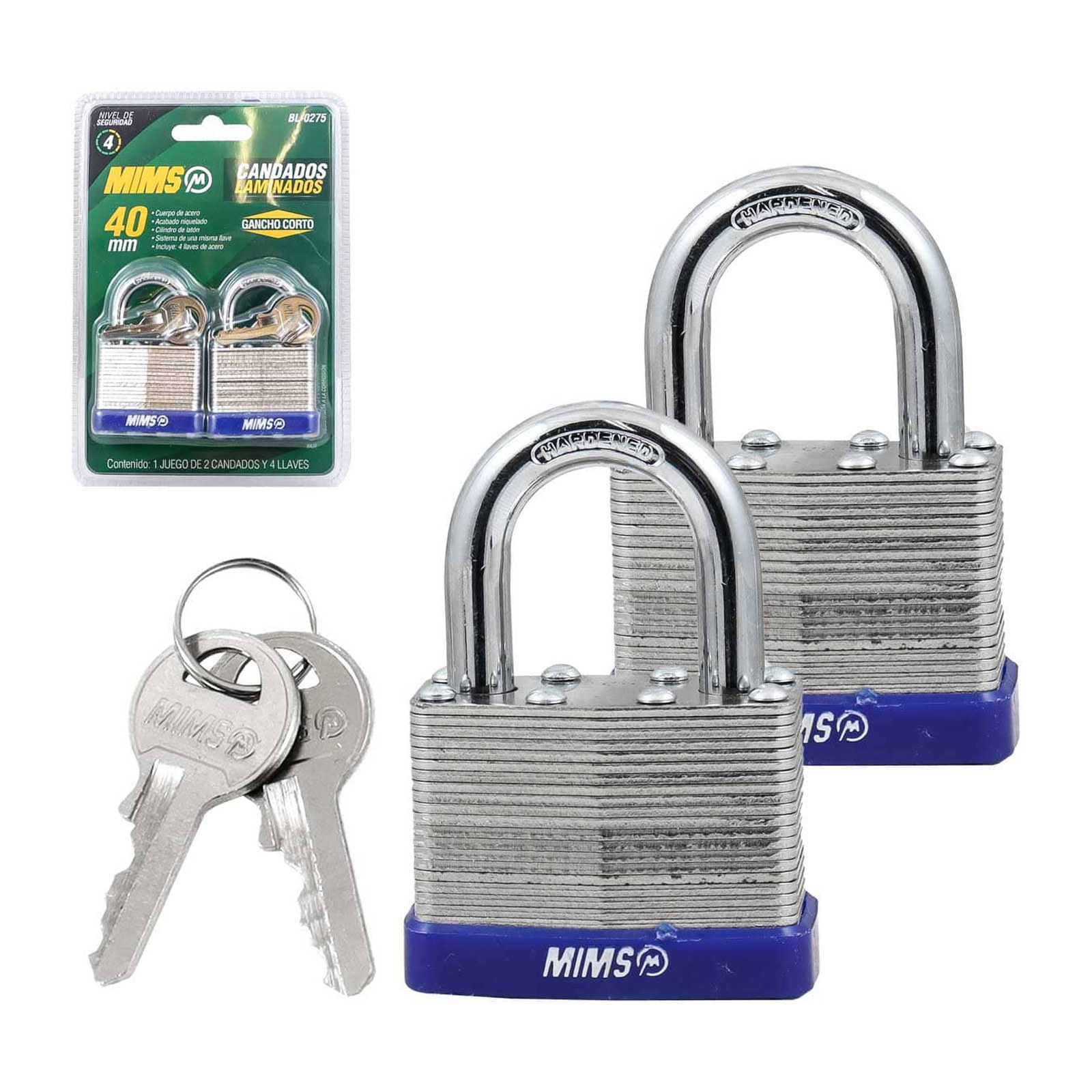 Juego de 2 Candados de Acero Cuerpo Laminado 40mm con 4 Llaves MIMS