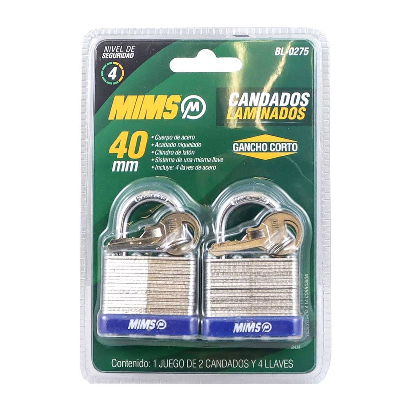JGO. DE 2 CANDADOS DE ACERO CUERPO LAMINADO 40MM C/4 LLAVES (CAJA C/6 PZAS - PRECIO X PIEZA) - Imagen 3