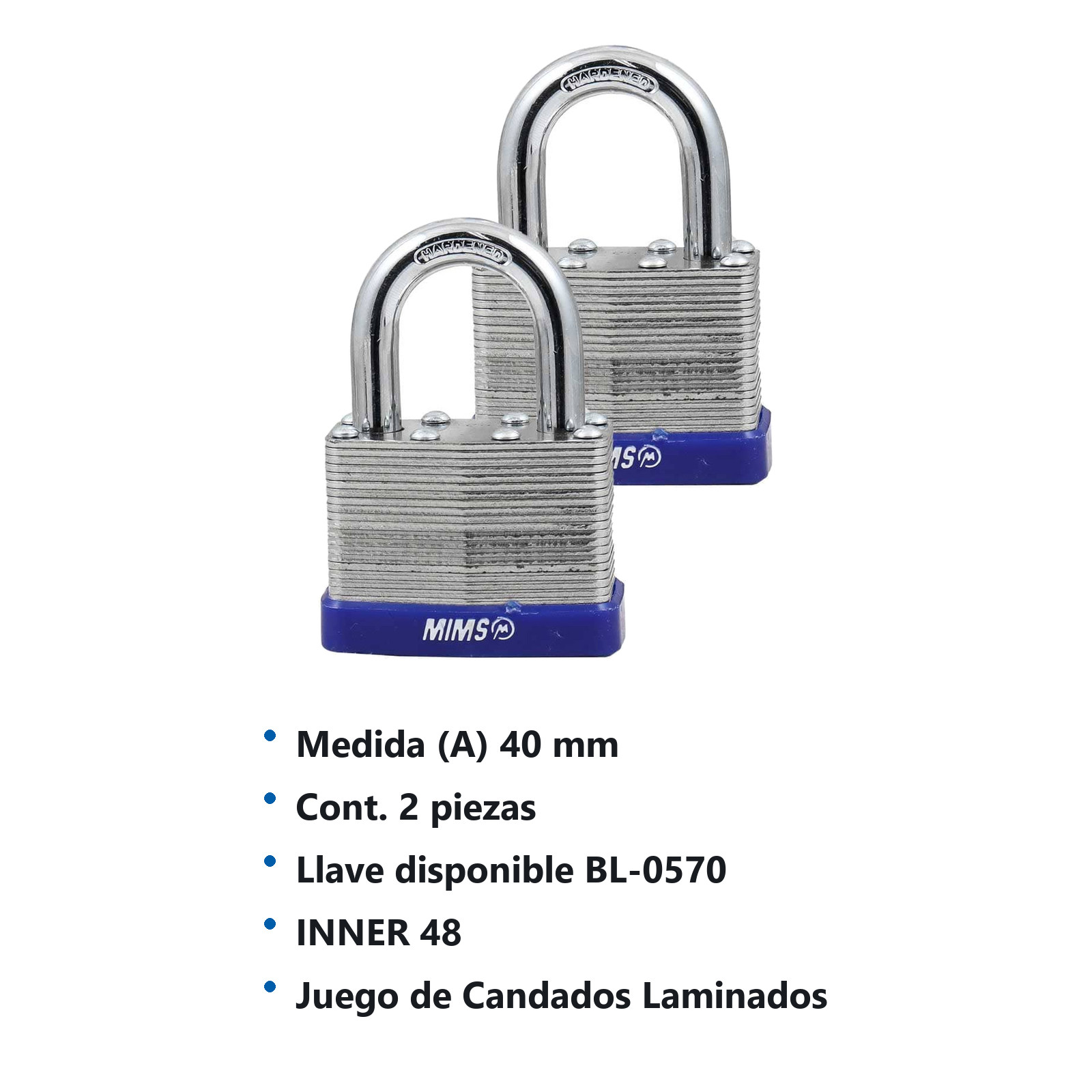 JGO. DE 2 CANDADOS DE ACERO CUERPO LAMINADO 40MM C/4 LLAVES (CAJA C/6 PZAS - PRECIO X PIEZA) - Imagen 4