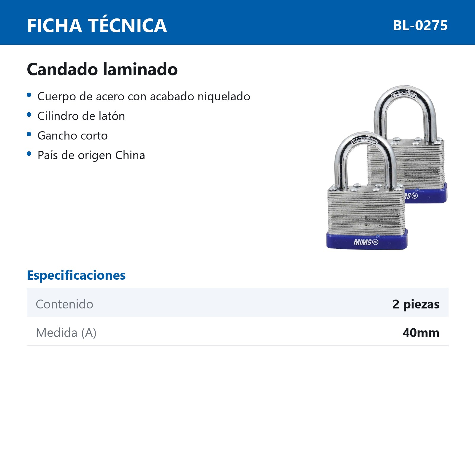 JGO. DE 2 CANDADOS DE ACERO CUERPO LAMINADO 40MM C/4 LLAVES (CAJA C/6 PZAS - PRECIO X PIEZA) - Imagen 4