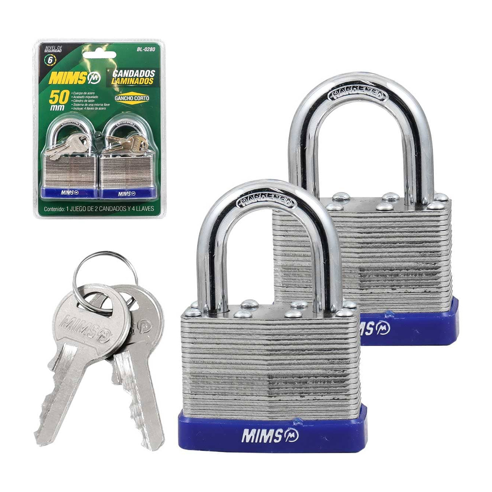 Juego de 2 Candados de Acero Cuerpo Laminado 50 mm con 4 Llaves MIMS