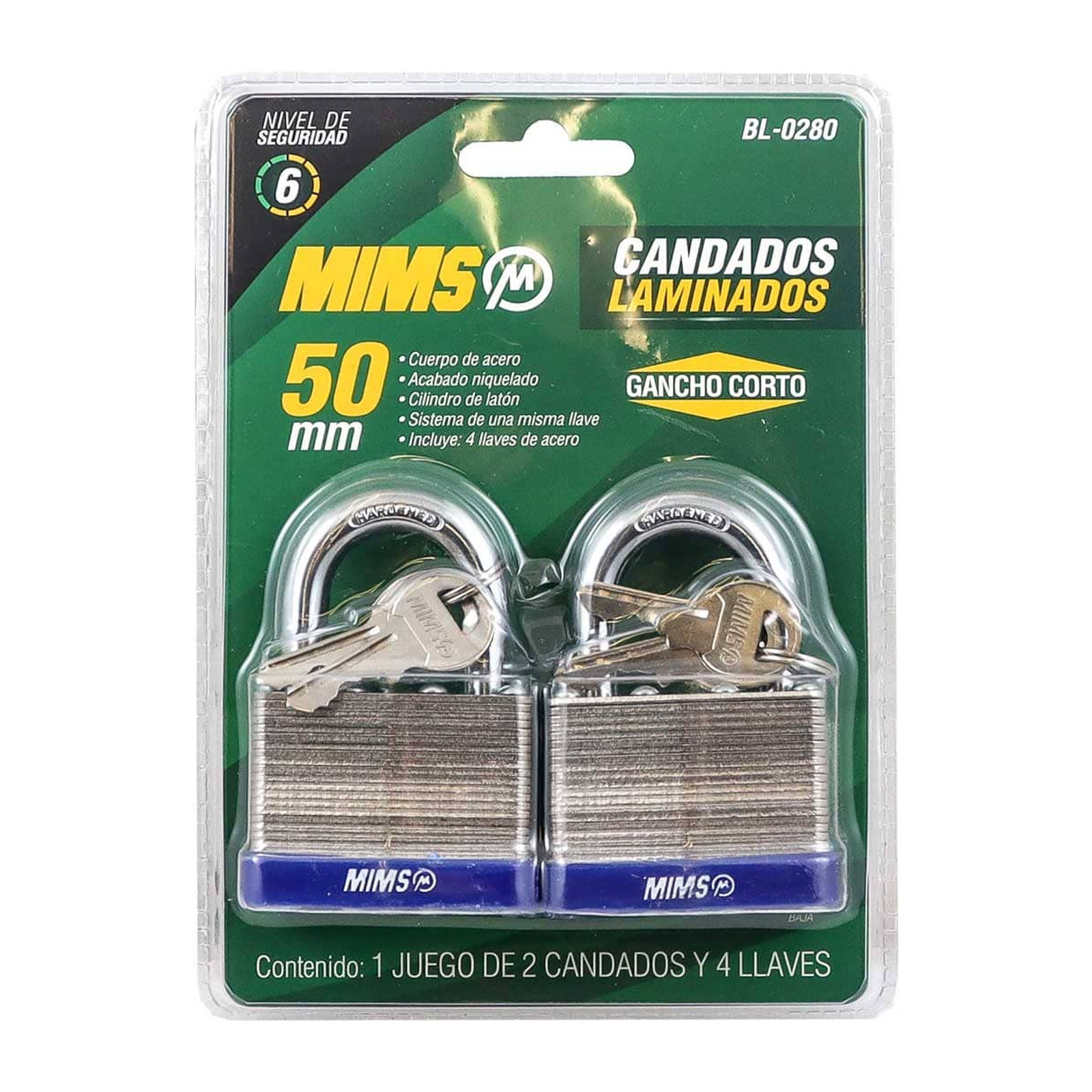 JGO. DE 2 CANDADOS DE ACERO CUERPO LAMINADO 50MM C/4 LLAVES (CAJA C/6 PZAS - PRECIO X PIEZA) - Imagen 3