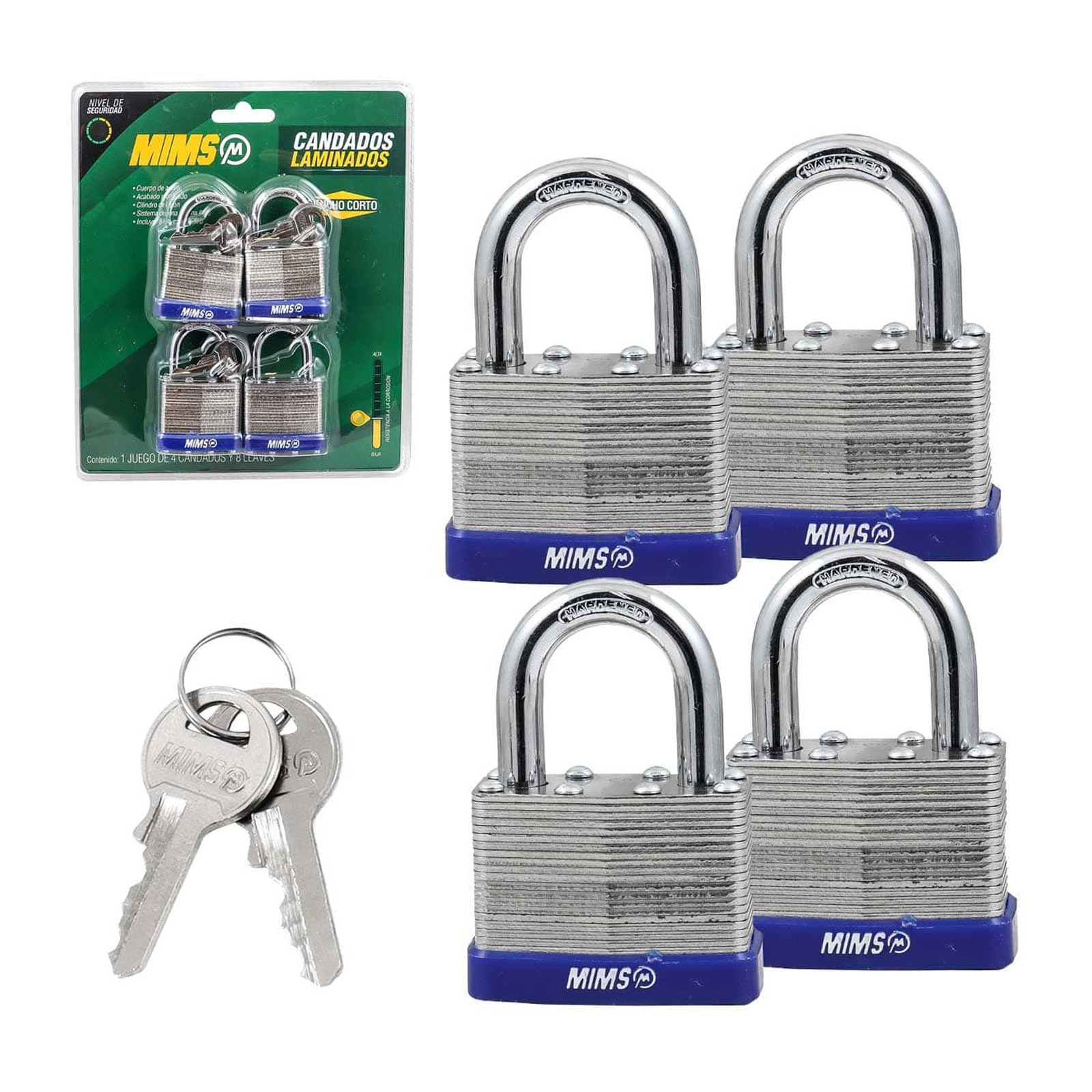 Juego de 4 Candados de Acero Cuerpo Laminado 30 mm con 8 Llaves MIMS