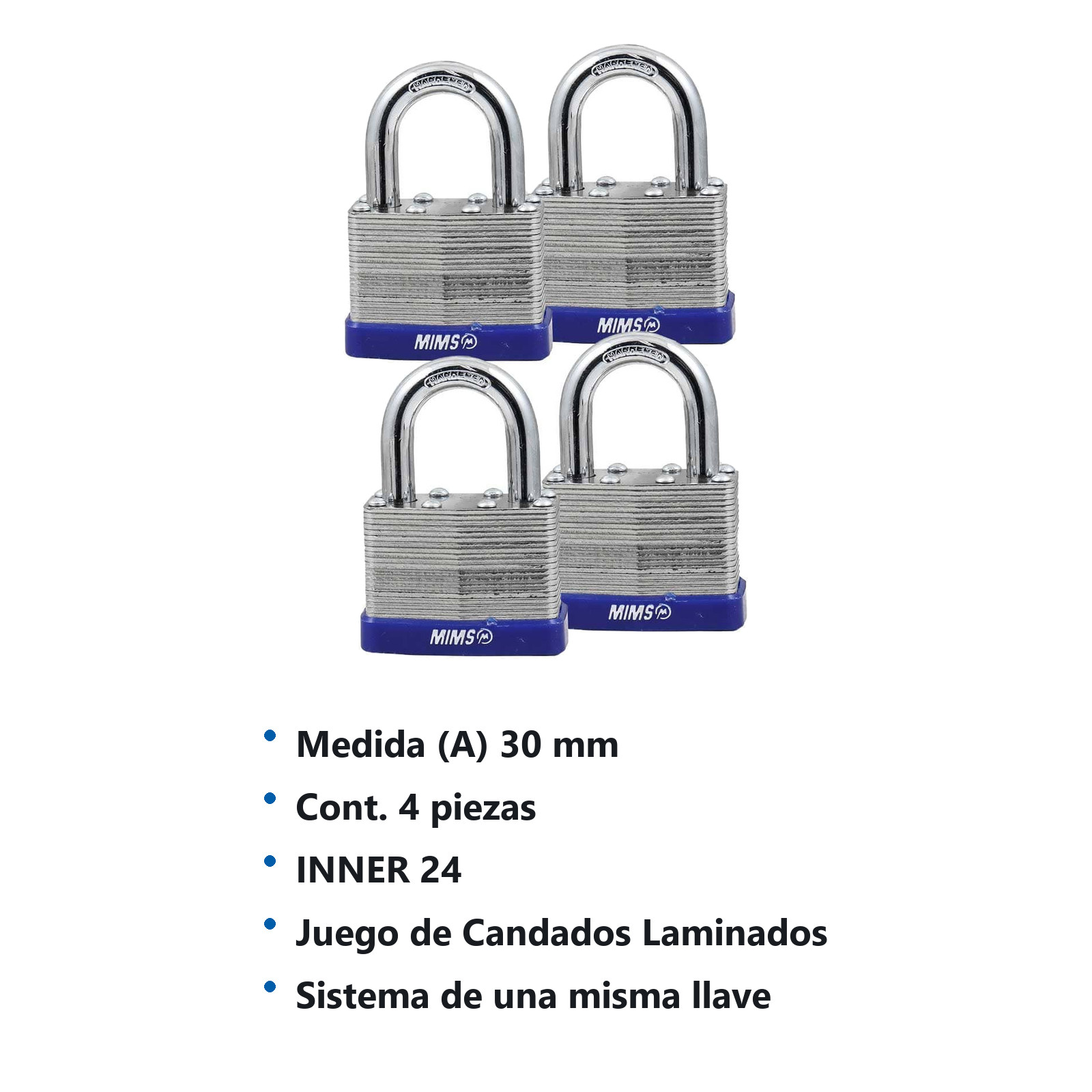 JGO. DE 4 CANDADOS DE ACERO CUERPO LAMINADO 30MM C/8 LLAVES (CAJA C/3 JGOS - PRECIO X JGO) - Imagen 4