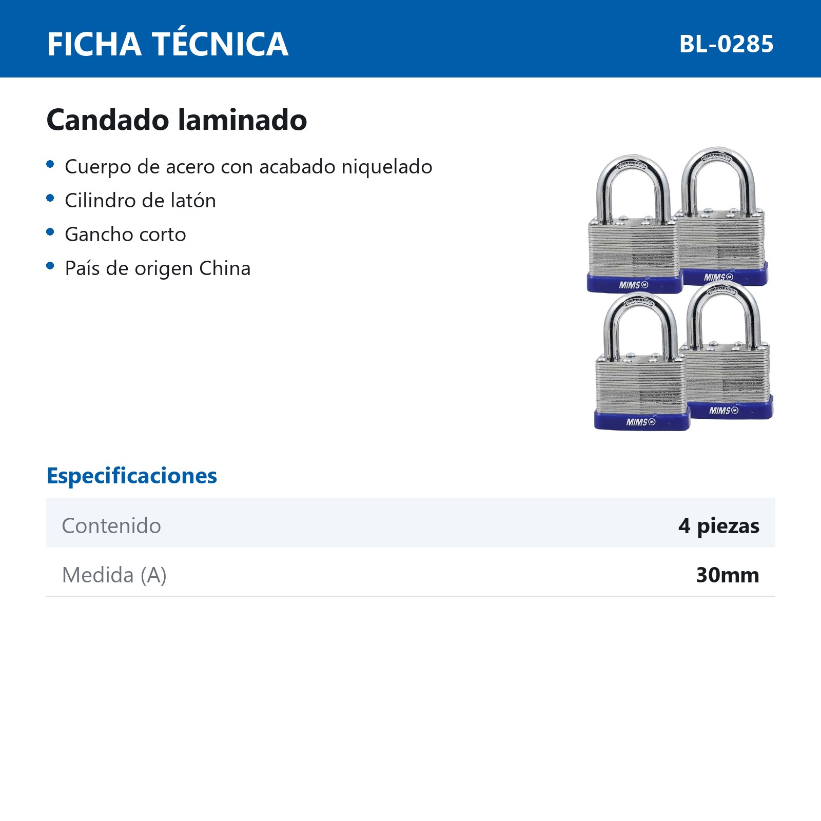 JGO. DE 4 CANDADOS DE ACERO CUERPO LAMINADO 30MM C/8 LLAVES (CAJA C/3 JGOS - PRECIO X JGO) - Imagen 4