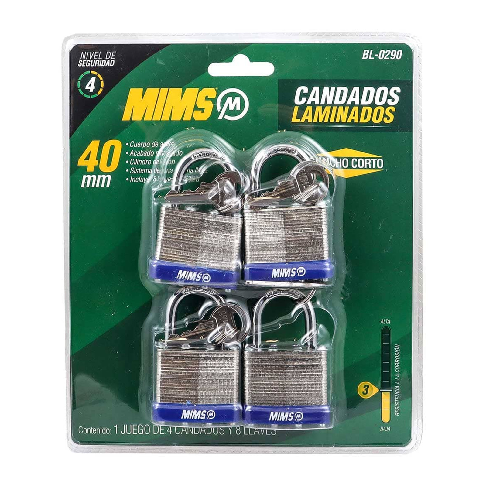 JGO. DE 4 CANDADOS DE ACERO CUERPO LAMINADO 40MM C/8 LLAVES (CAJA C/3 JGOS - PRECIO X JGO) - Imagen 3