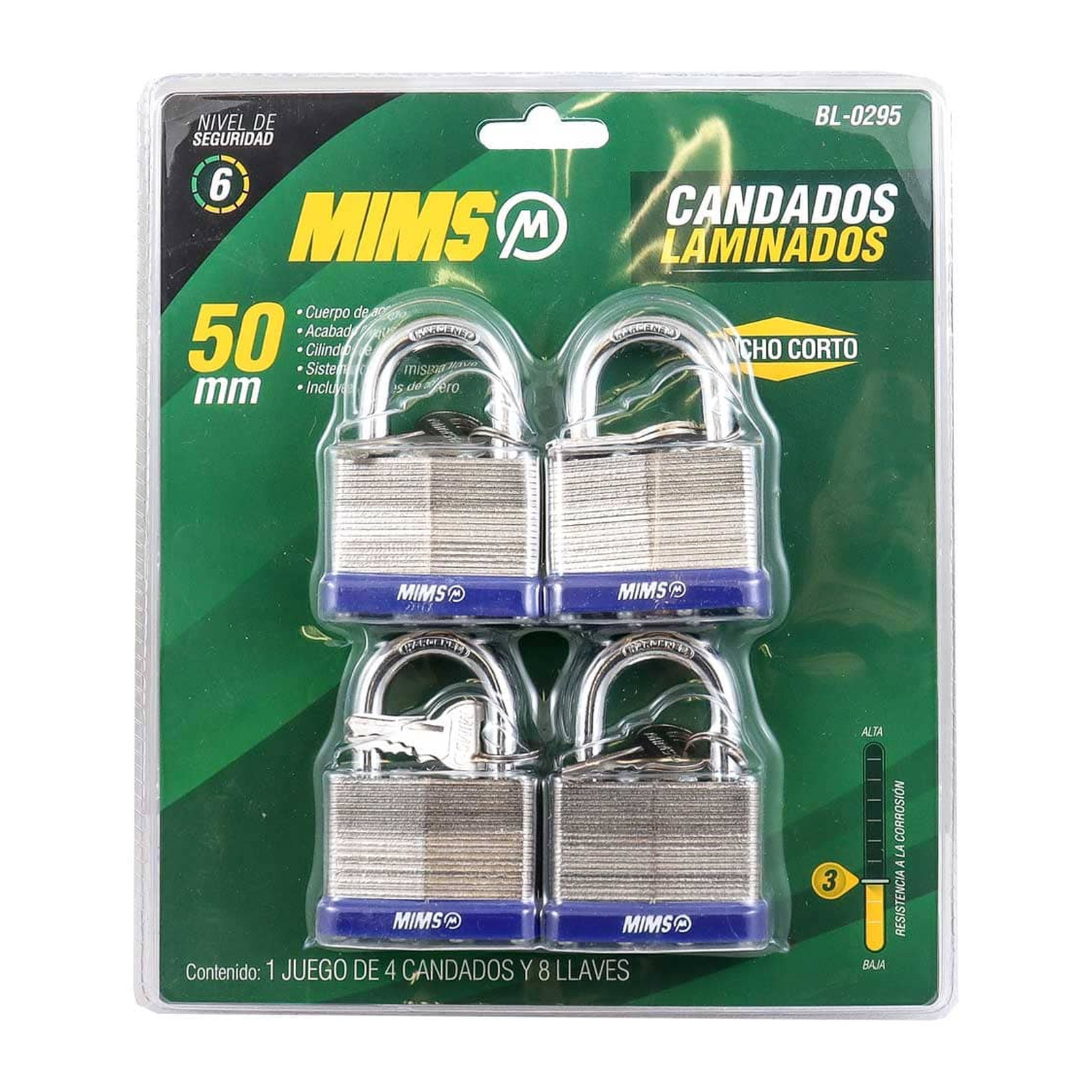 JGO. DE 4 CANDADOS DE ACERO CUERPO LAMINADO 50MM C/8 LLAVES (CAJA C/3 JGOS - PRECIO X JGO) - Imagen 3