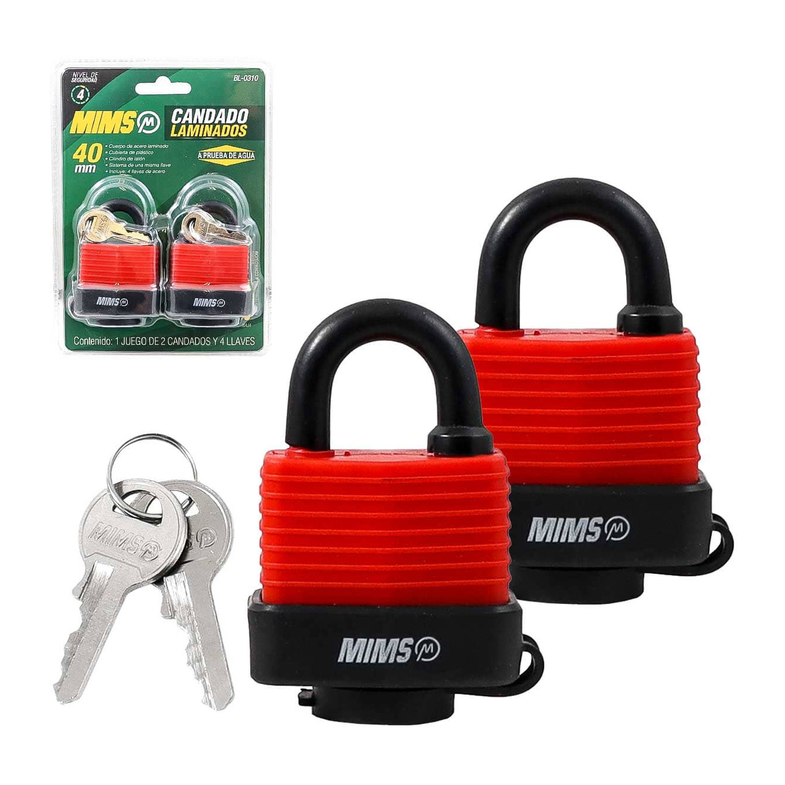 MIMS Juego de 2 Candados Prueba de Agua Cuerpo Laminado 40 mm con 4 Llaves