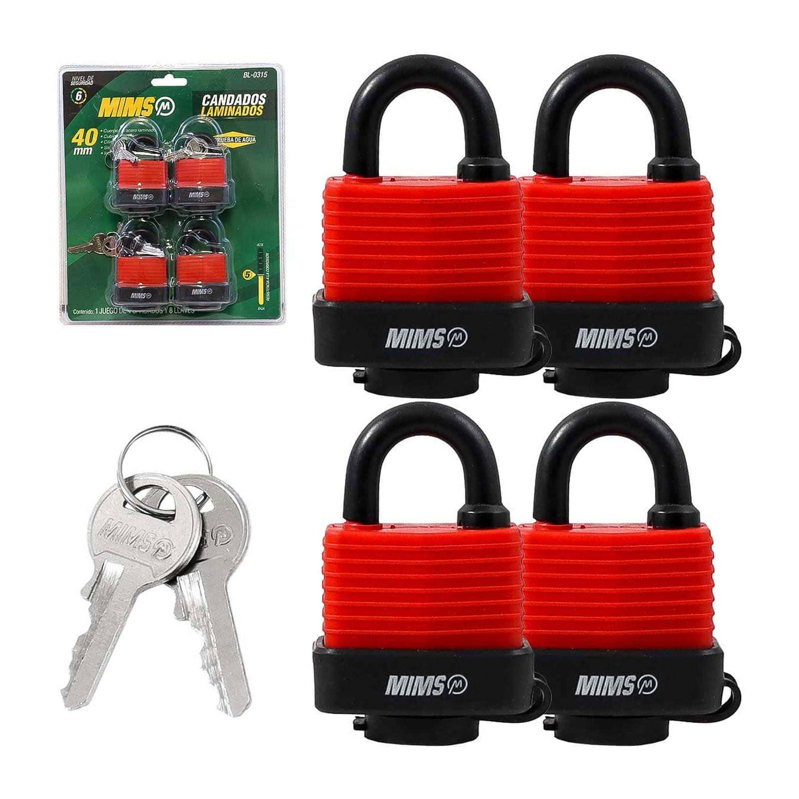 Juego 4 Piezas Candado de Acero Prueba de Agua Cuerpo Laminado 40 mm con 8 Llaves MIMS