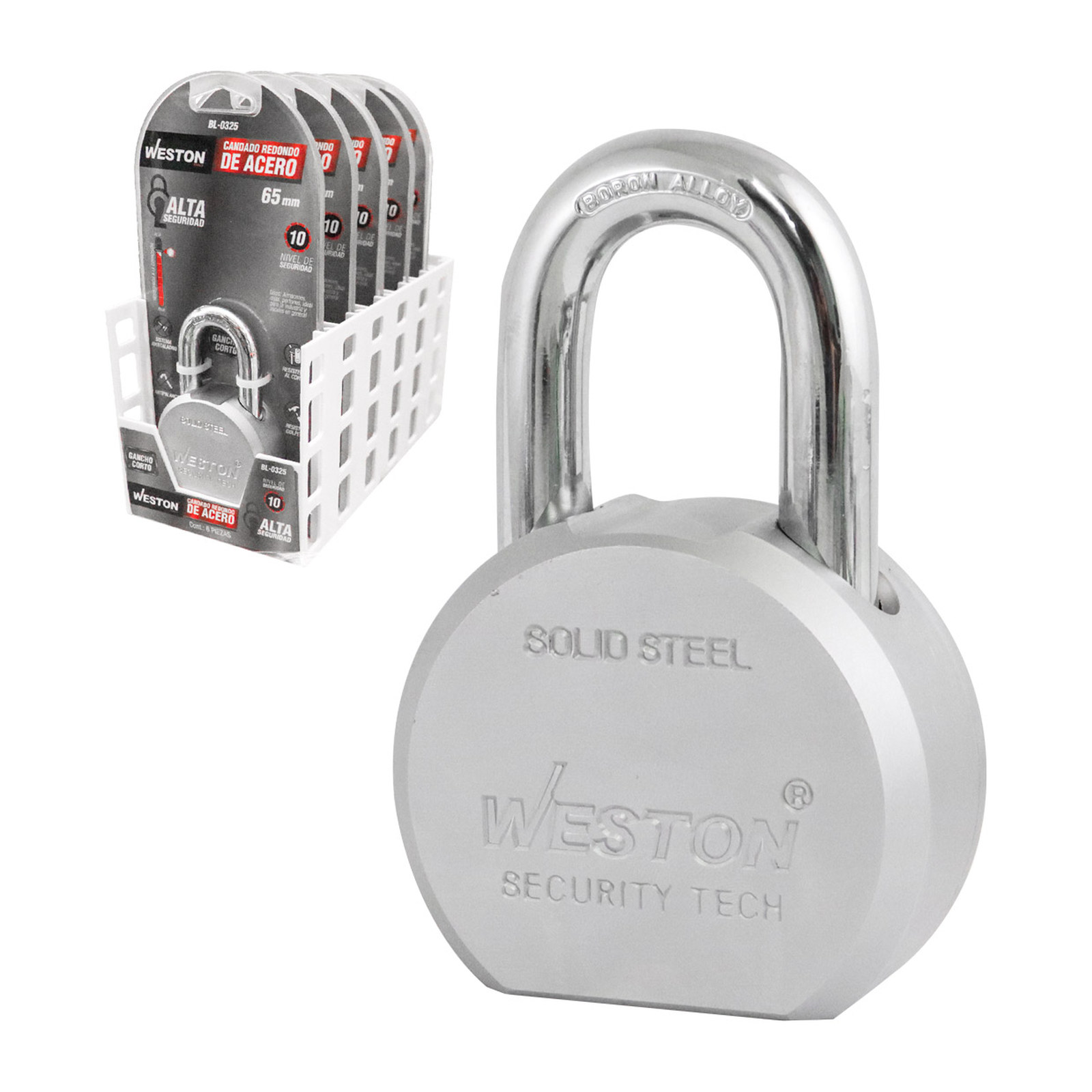 Candado Redondo de Acero Gancho Corto de Boro Alta Seguridad 65 mm con 3 Llaves Weston