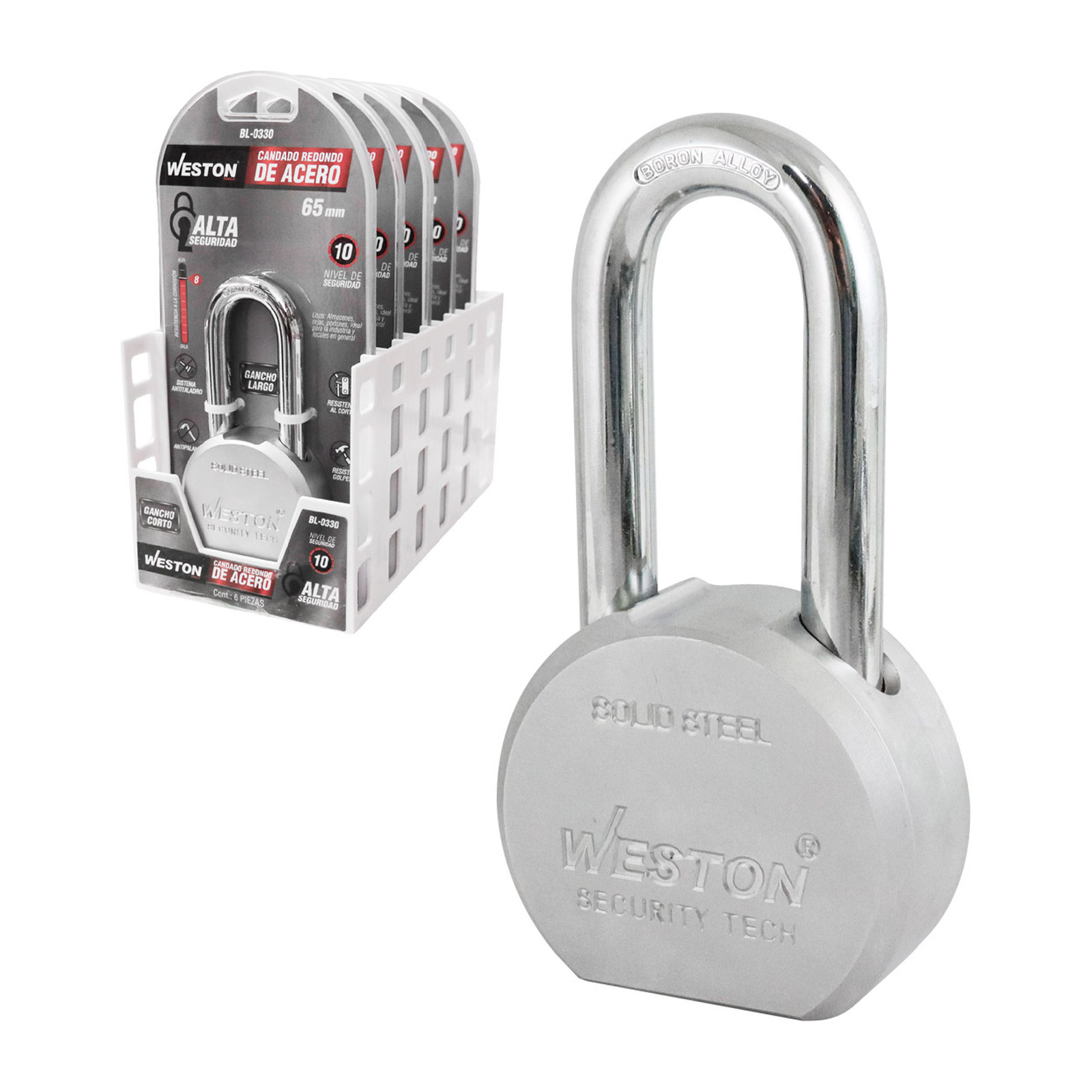 Candado Redondo de Acero Gancho Largo de Boro Alta Seguridad 65mm con 3 Llaves Weston